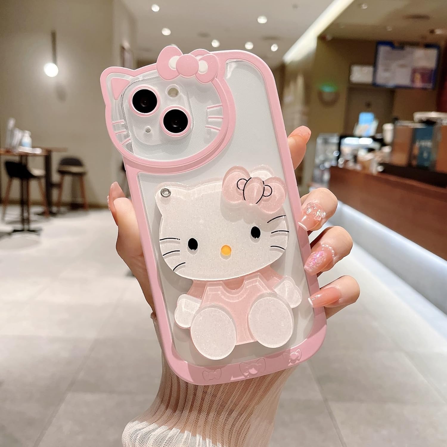 Olntun for Iphone 15 Pro Max Cute Cartoon Cat Case,3D Bow Kawaii Face Makeup Mirror Women Girls Kids Soft TPU Clear Protective Phone Cover Pink  Olntun   
