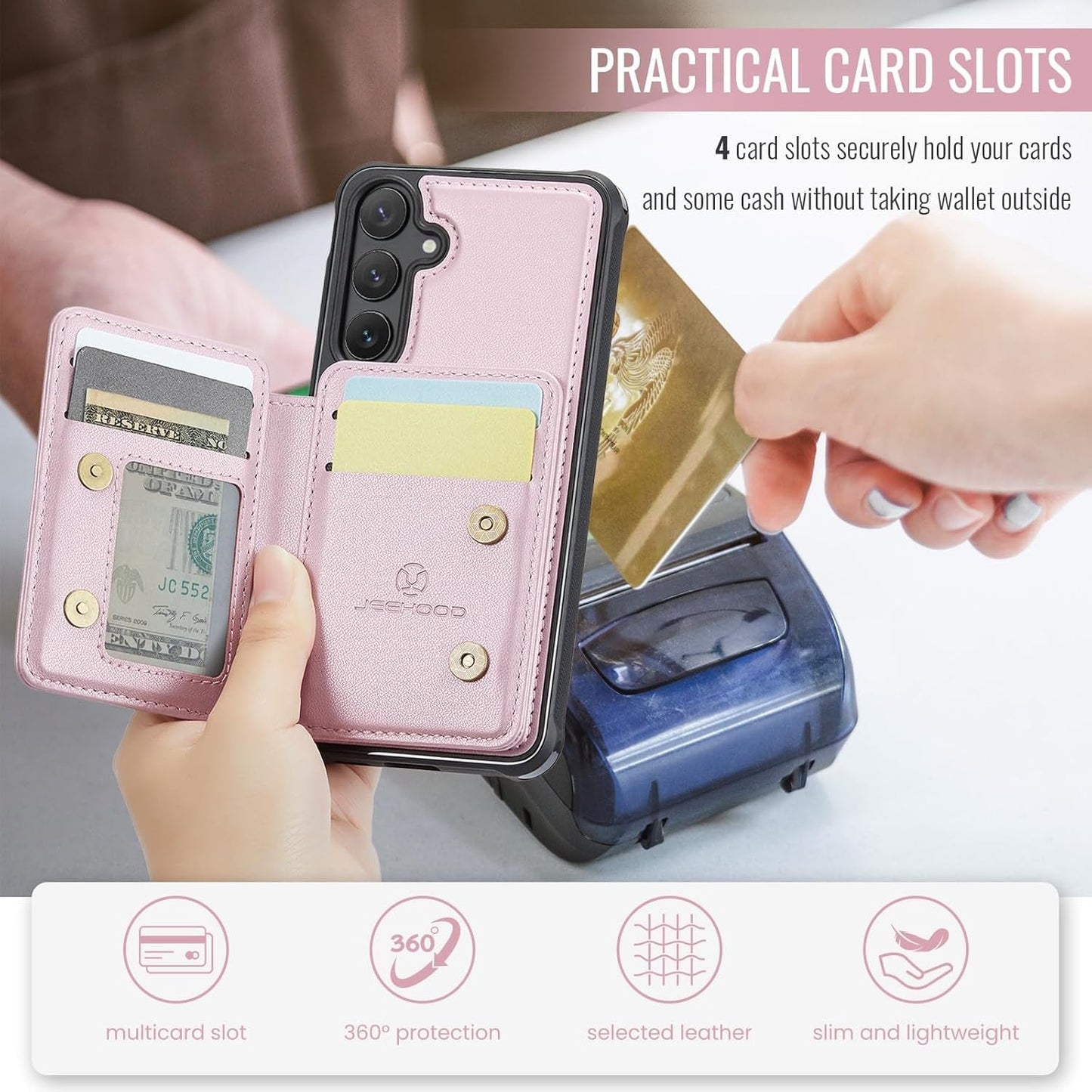 2 in 1 Detachable for Galaxy S24 plus 6.7" Case Wallet with Card Holder, RFID Blocking Kickstand Shockproof Case for Samsung S24+/Plus 5G, Rose Pink