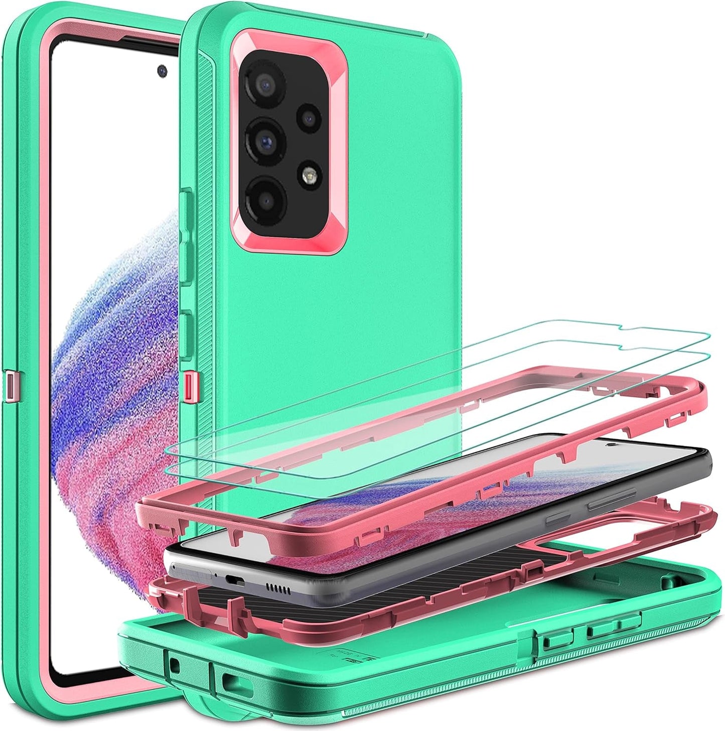 For Samsung A53 5G Case, Galaxy A53 5G Case with 2 Pcs Nano Explosion-Proof Film, 3 in 1 Full Body Shockproof Heavy Duty Protection Case for Samsung Galaxy A53 5G (Aqua Blue/Rose Pink)