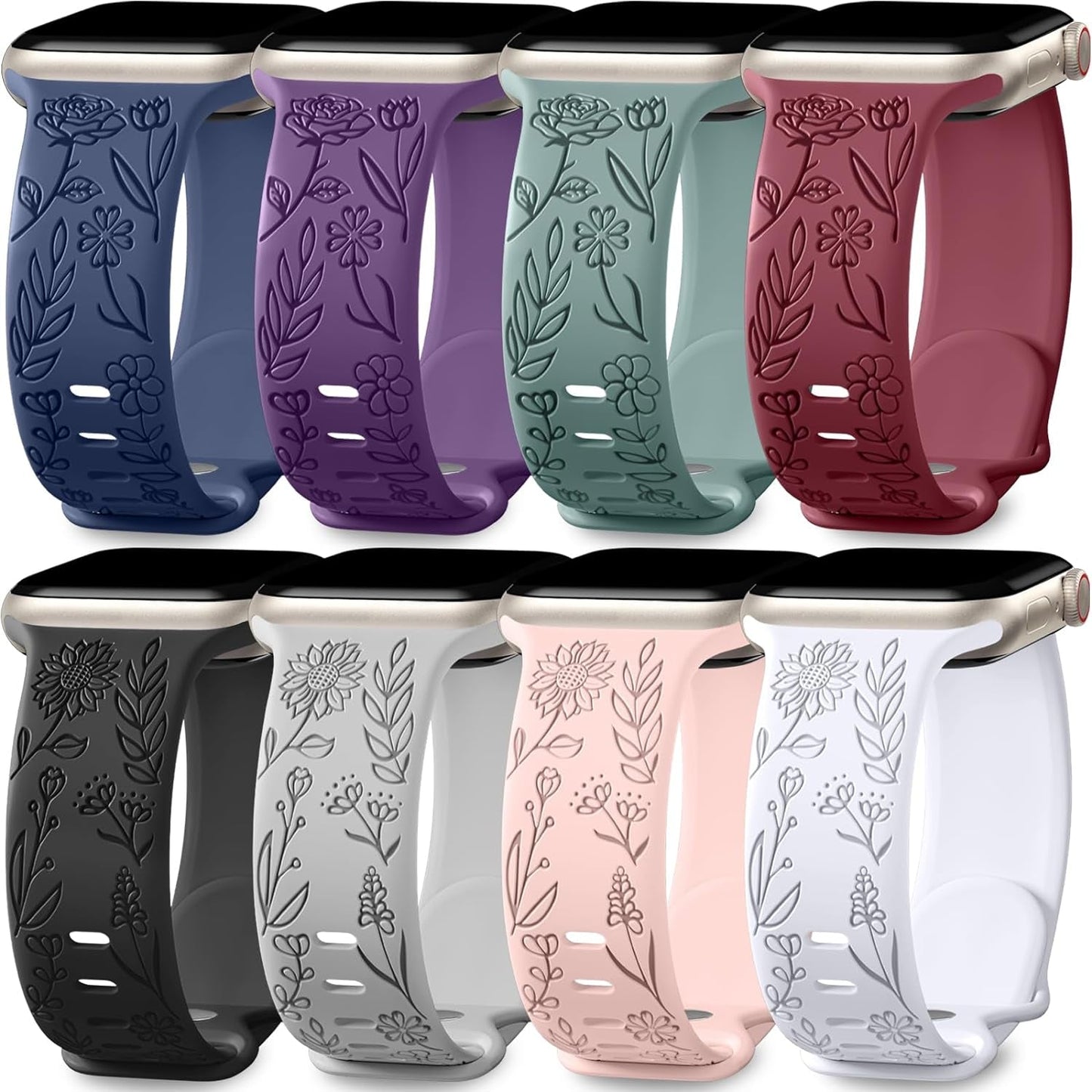 Easuny 8 Pack Bands for Women Apple Watch 40Mm 41Mm 38Mm 42Mm 44Mm 45Mm 49Mm Iwatch Series 9 8 7 6 5 4 3 Ultra 2/1 SE SE 2Nd, Soft Silicone Floral Engraved Dressy Wrist Straps