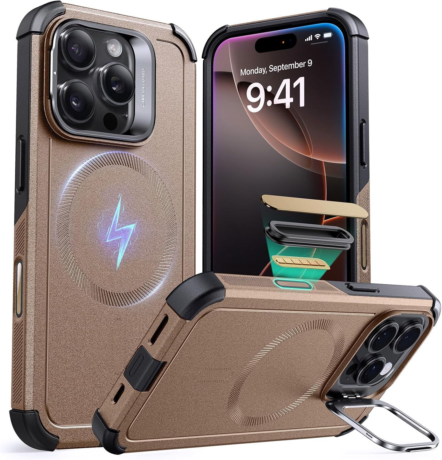 ESR for Iphone 17 Pro Case with Stash Stand, 7X Military-Grade Drop Protection with Camera Control, Shock-Absorbing Phone Rugged Cover, Compatible with Magsafe Accessories, Cyber Series, Black