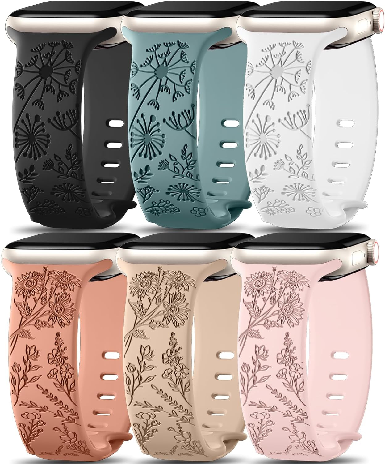 6 Pack Flower Engraved Bands Compatible for Apple Watch Band 40Mm 41Mm 38Mm 42Mm 44Mm 45Mm 49Mm Women,Soft Silicone Cute Wildflowers Sport Laser Strap for Iwatch Bands Series 9 Ultra SE 8 6 5 4 3 2 1