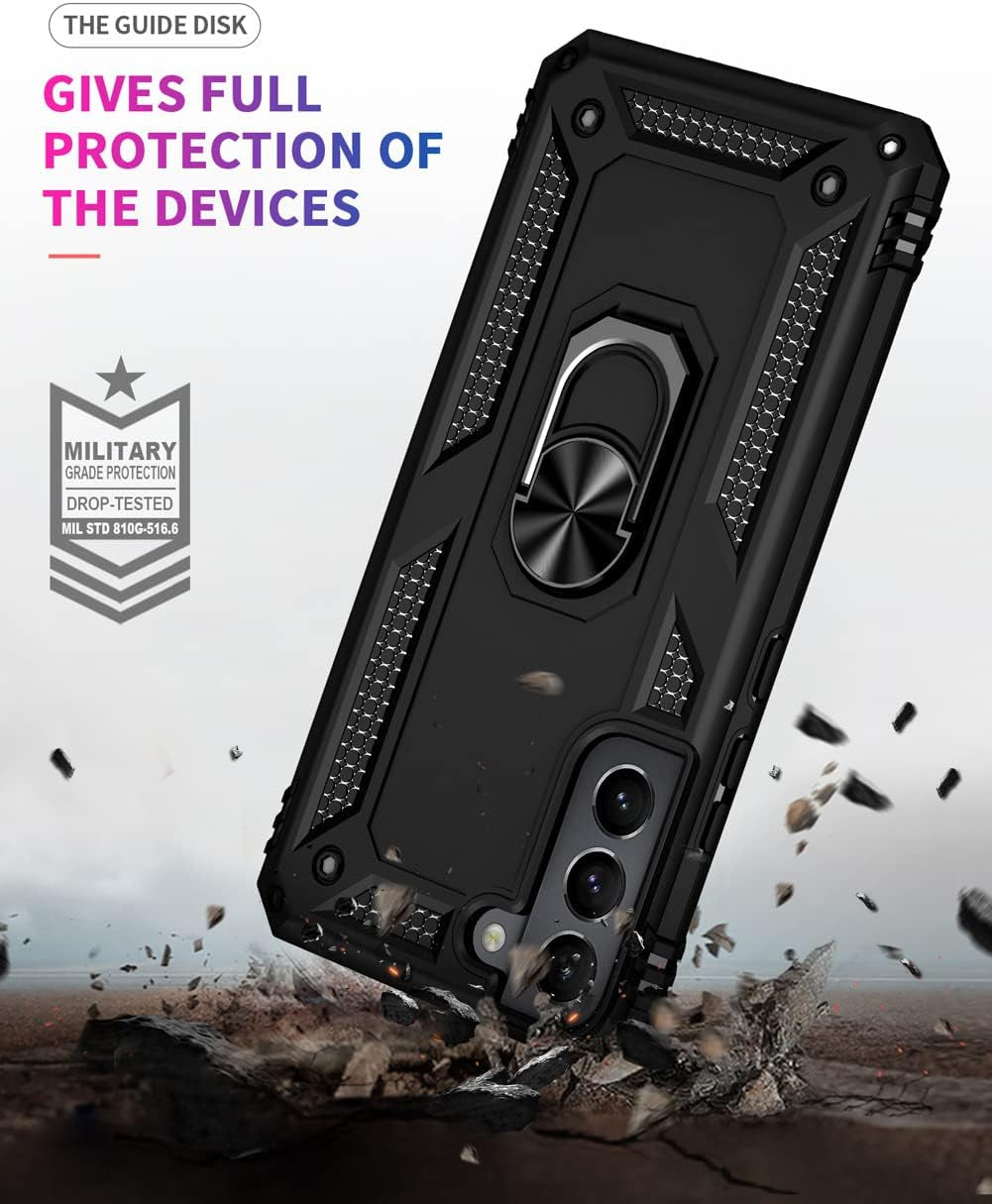 For Samsung S22 Case, Galaxy S22 Case with HD Screen Protectors, Military-Grade Metal Ring Holder Kickstand 15Ft Drop Tested Shockproof Cover Case for Samsung Galaxy S22 Black