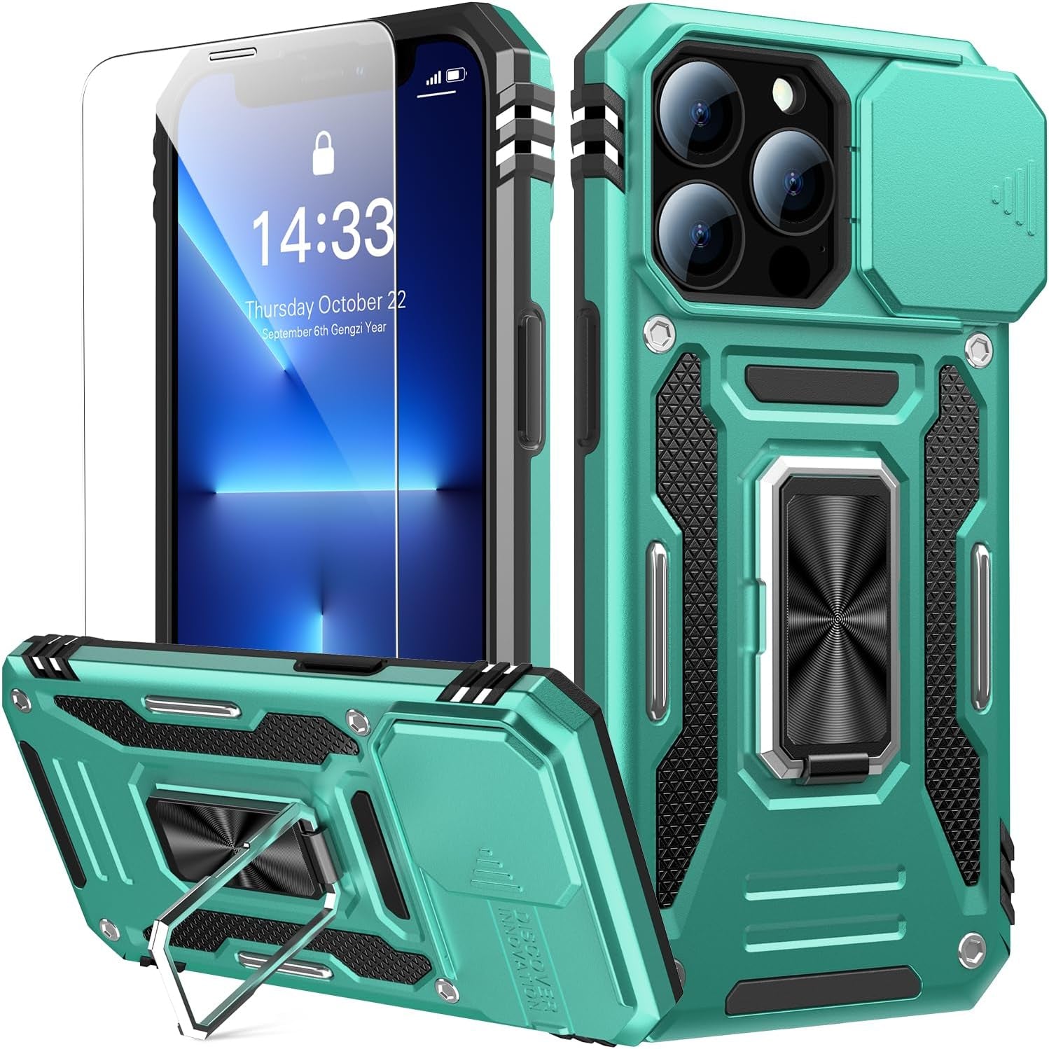 Goodon for Iphone 14 Pro Max Case with Slide Camera Cover + Screen Protector, Built in Rotated Ring Magnetic Kickstand Military Grade Shockproof Protective Phone Case 6.7" Pale - Green  Goodon   