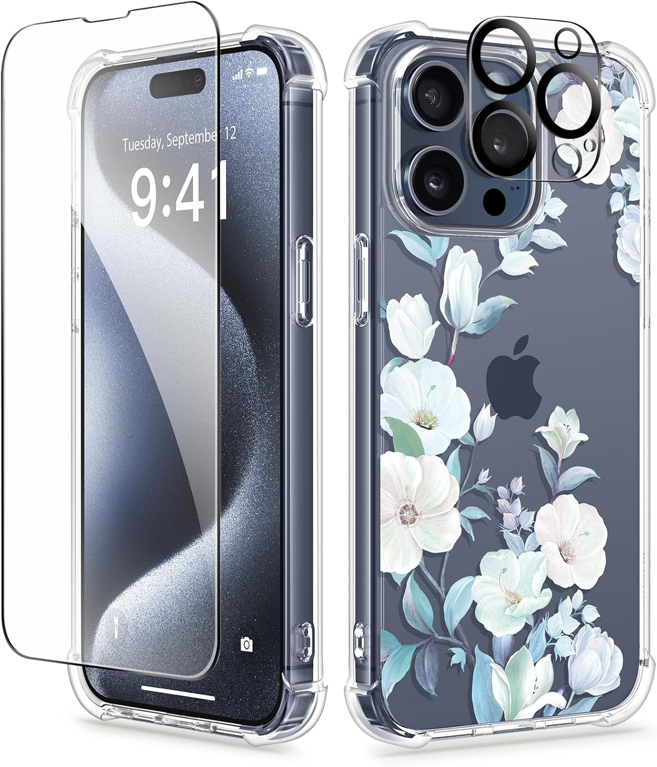 GVIEWIN for Iphone 15 Pro Case Floral, with Screen Protector+Camera Lens Protector, [Not Yellowing] Slim Shockproof Clear Phone Protective Cover for Women, Flower Pattern Design (Ranunculus/Pink)  GVIEWIN A Hibiscus  