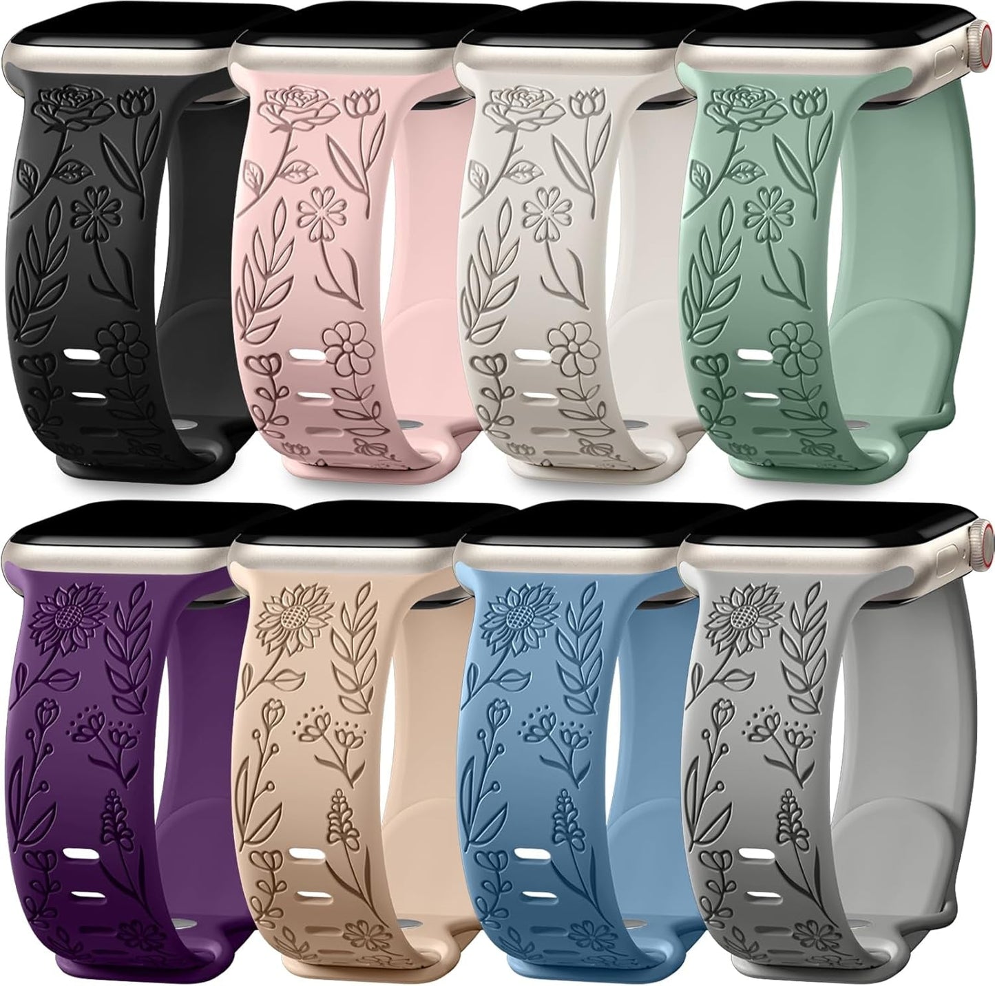 Easuny 8 Pack Bands for Women Apple Watch 40Mm 41Mm 38Mm 42Mm 44Mm 45Mm 49Mm Iwatch Series 9 8 7 6 5 4 3 Ultra 2/1 SE SE 2Nd, Soft Silicone Floral Engraved Dressy Wrist Straps