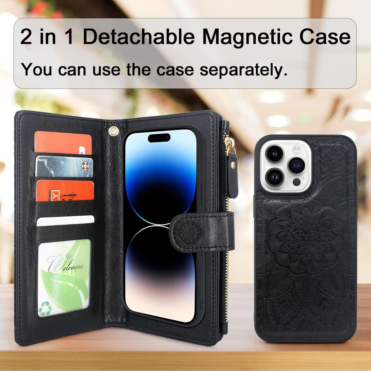 Harryshell Compatible with Iphone 14 Pro 6.1 Inch 5G 2022 Wallet Case Detachable Magnetic Cover Zipper Cash Pocket Multi Card Slots Holder Wrist Strap Lanyard (Floral Black)  Harryshell   