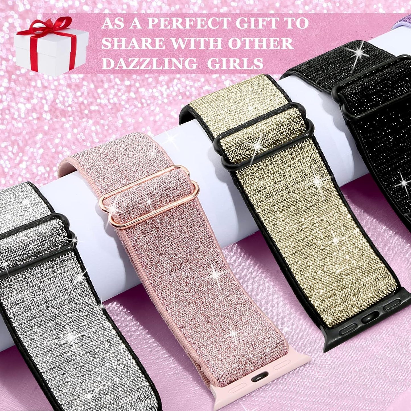 Bling Nylon Stretchy Bands Compatible with Apple Watch Bands 38Mm 40Mm 41Mm 42Mm 44Mm 45Mm 49Mm for Women Girls, Adjustable Braided Solo Loop Sport Bands for Iwatch Series 9 8 7 6 SE 5 4 3 2 1, 6 Packs