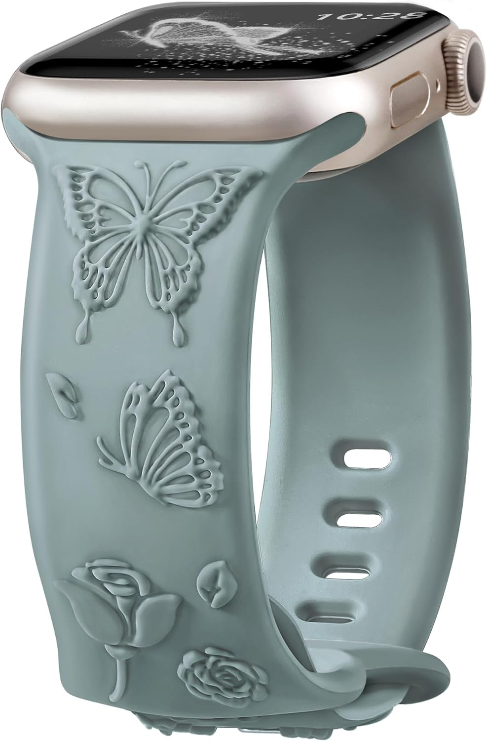 Floral Butterfly Engraved Band Compatible with Apple Watch Bands for Women 40Mm 41Mm 38Mm, Soft Silicone Sport Iwatch Bands for Apple Watch Series 9 Band SE Series 8 7 6 5 4 3 2 1-White