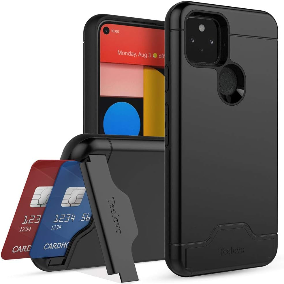 Teelevo Wallet Case for Google Pixel 5, Dual Layer Case with Card Slot Holder and Kickstand for Google Pixel 5 - Black  Teelevo Black  