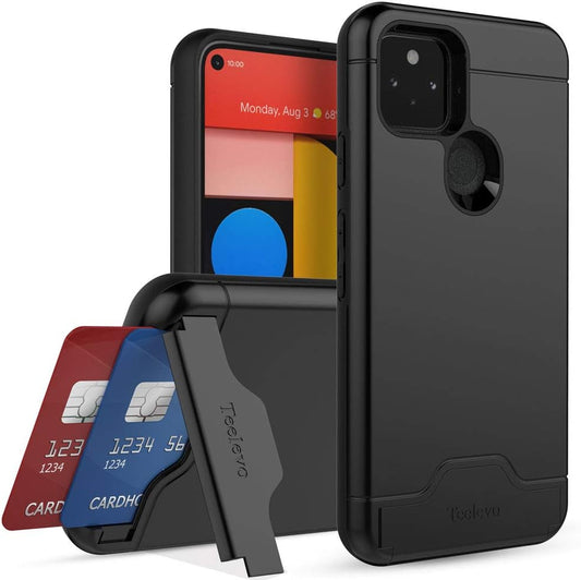 Teelevo Wallet Case for Google Pixel 5, Dual Layer Case with Card Slot Holder and Kickstand for Google Pixel 5 - Black  Teelevo Black  