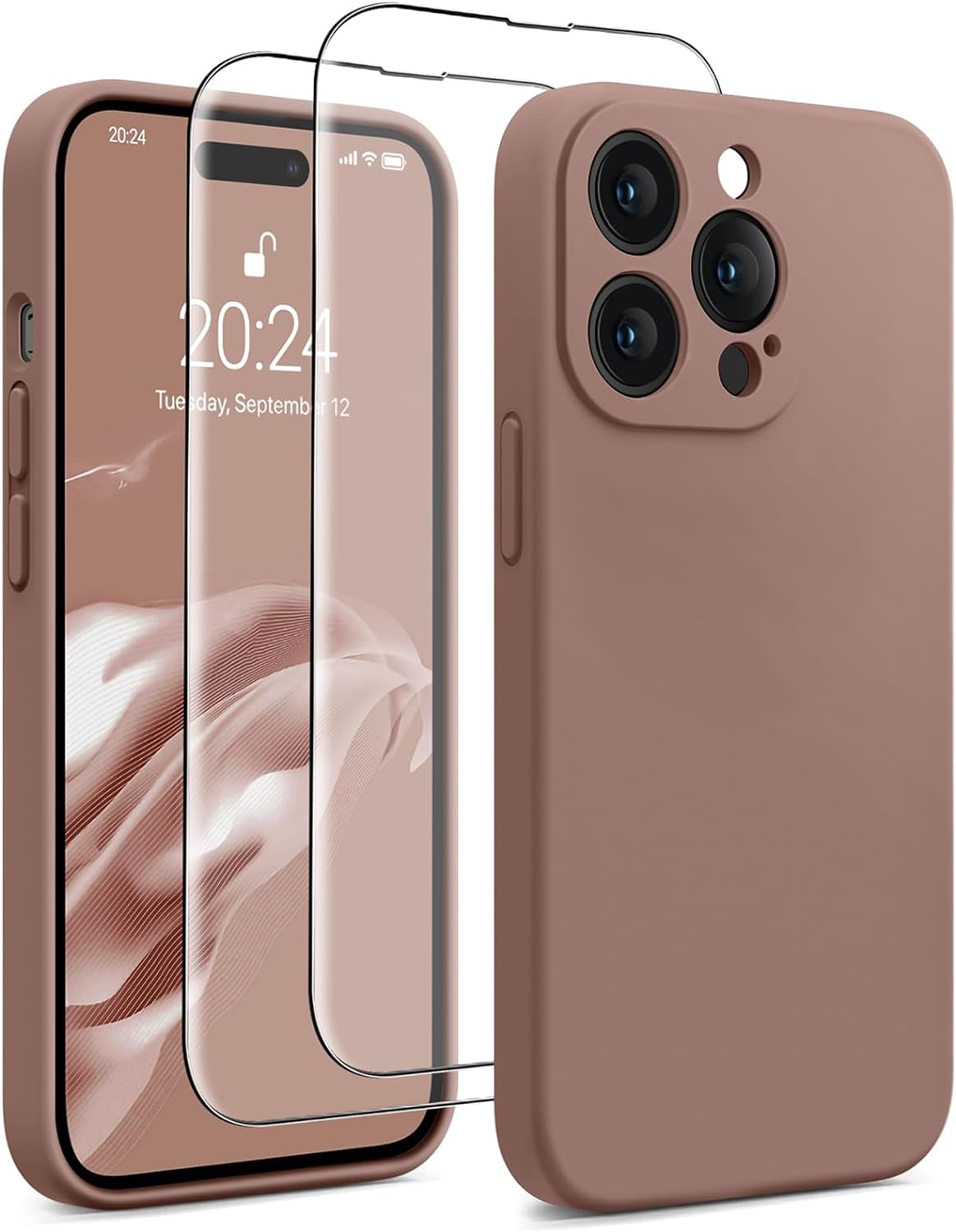 AOTESIER for Iphone 14 Pro Max Case, [Stronger Camera Protection] Silicone Iphone 14 Pro Max Phone Case with [2 Screen Protectors], Shockproof Anti-Scratch Lining Protective Cover, 6.7", Black  AOTESIER Light Brown  