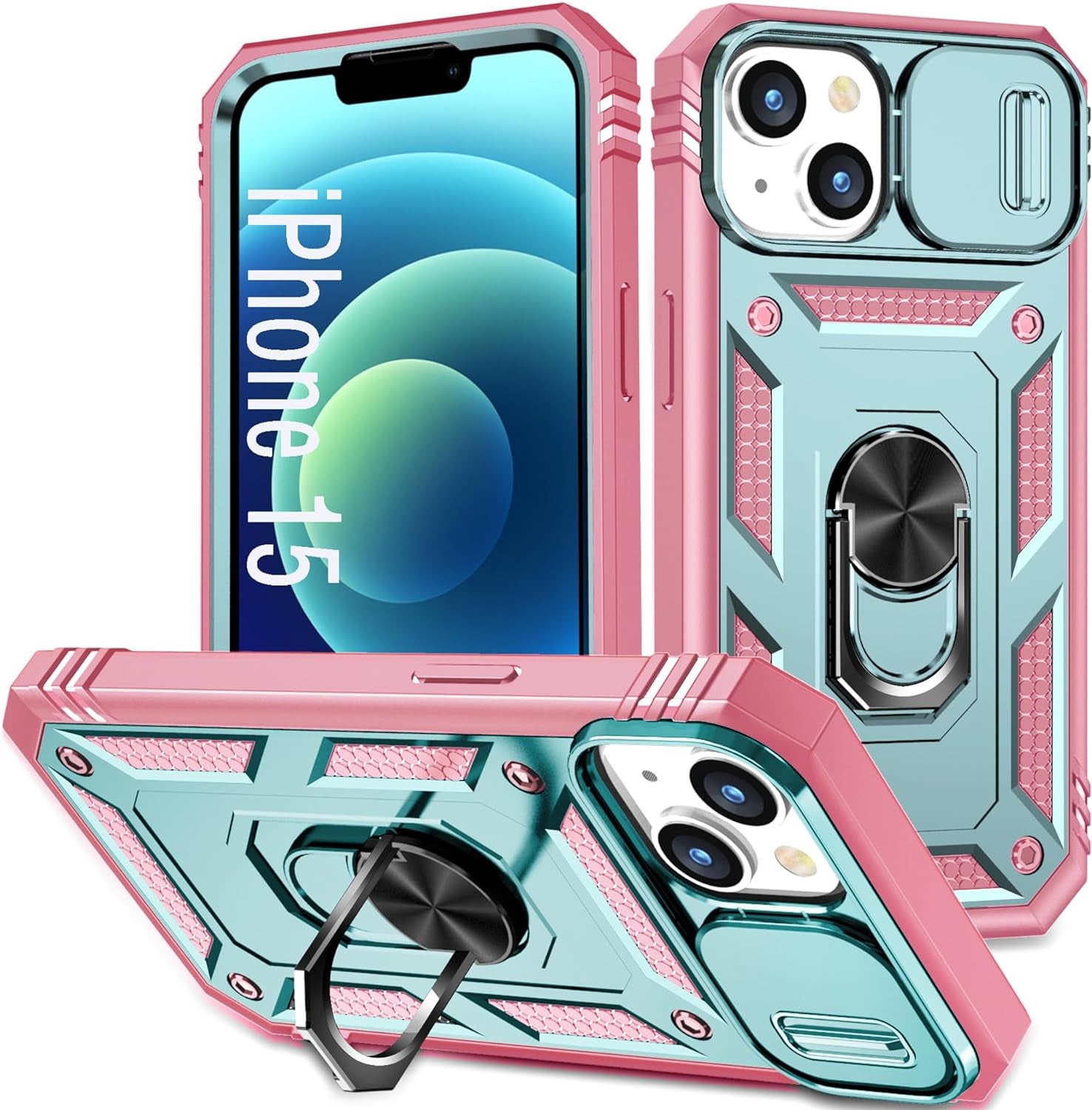 DAWEIXEAU Case Compatible with Iphone 15 Pro Max, Shockproof Impact Resistant with Slide Lens Protective Cover Case for Iphone 15 Pro Max 6.7 Inch (Pink Green)  DAWEIXEAU Pink Green Iphone 15 6.1" 