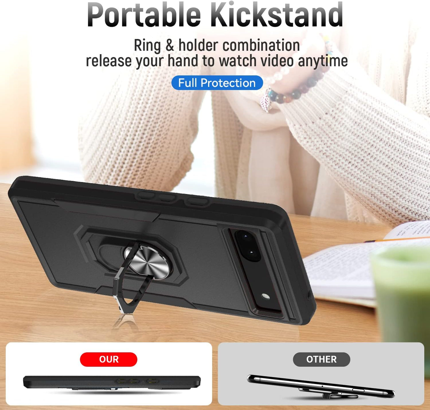 For Google Pixel 6A 5G Case with Screen Protector, Military Grade Dual Layer Heavy Duty Shockproof Full Body Protective Phone Cover, Built in Rotatable Magnetic Ring Holder for 6A (Black)  Niecase   