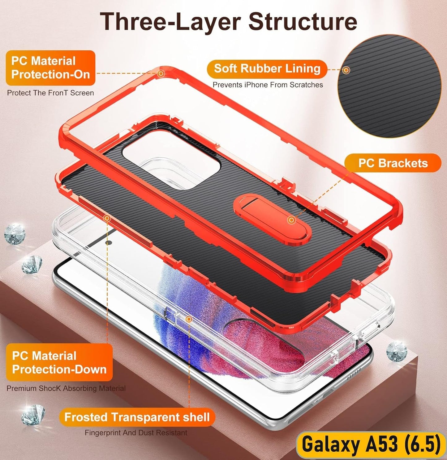 Case Is Specially Designed for Galaxy A53(5G) 6.5 Inch, Full Body Protection Heavy Duty Shock Absorbing 3 in 1 Silicone Rubber Built-In Stand with 2 Tempered Screen Protectors-Orange/Clear