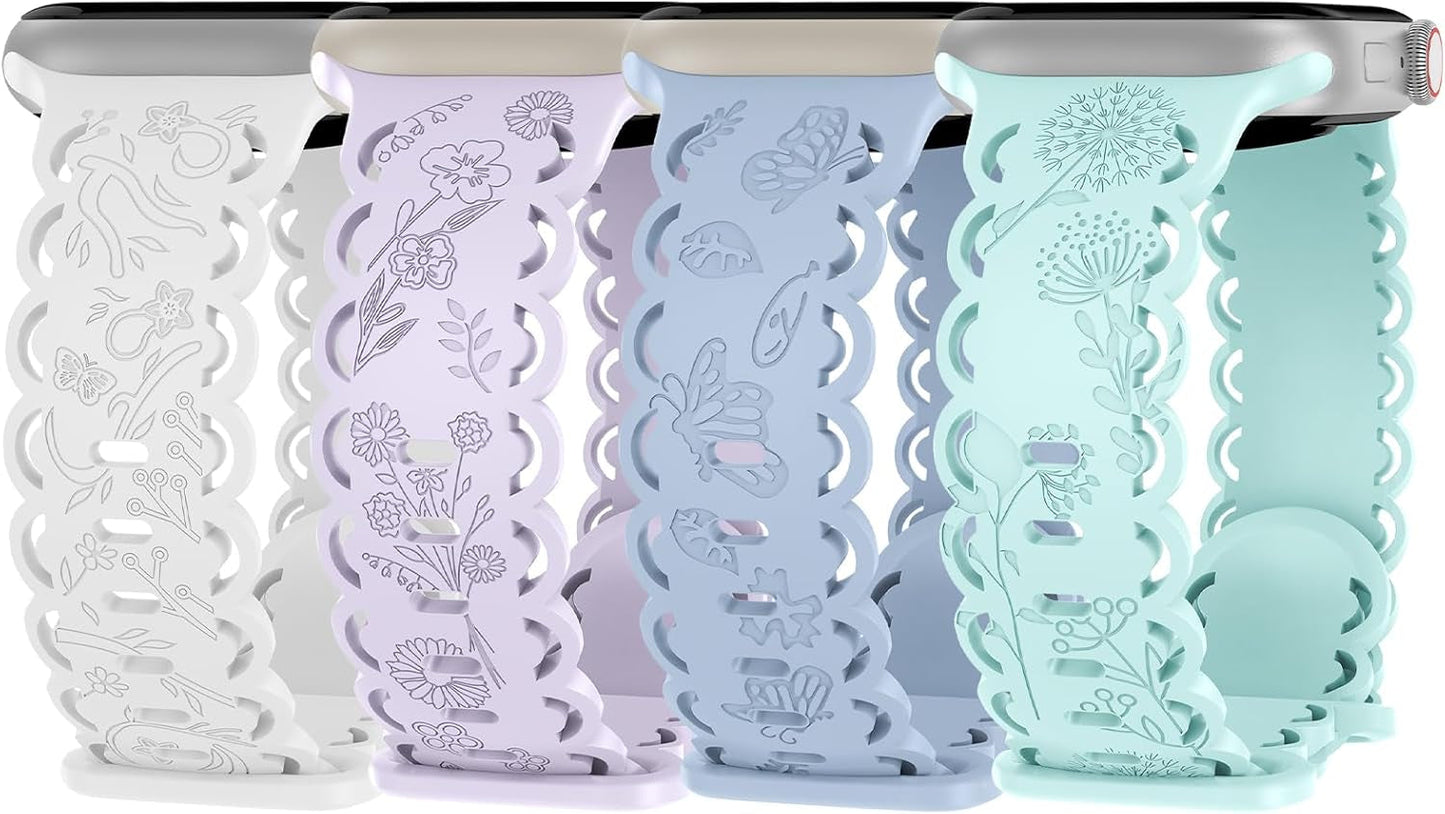 4 Pack Floral Engraved Silicone Bands Compatible with Apple Watch Band 38Mm 40Mm 41Mm 42Mm 44Mm 45Mm 49Mm Women, Soft Lace Cute Strap Flower Wristbands for Iwatch Series 9 8 7 6 5 4 3 2 1 SE Ultra