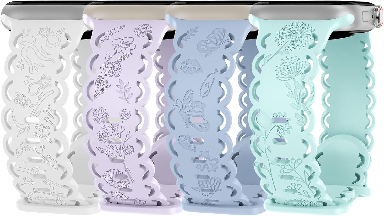 4 Pack Floral Engraved Silicone Bands Compatible with Apple Watch Band 38Mm 40Mm 41Mm 42Mm 44Mm 45Mm 49Mm Women, Soft Lace Cute Strap Flower Wristbands for Iwatch Series 9 8 7 6 5 4 3 2 1 SE Ultra