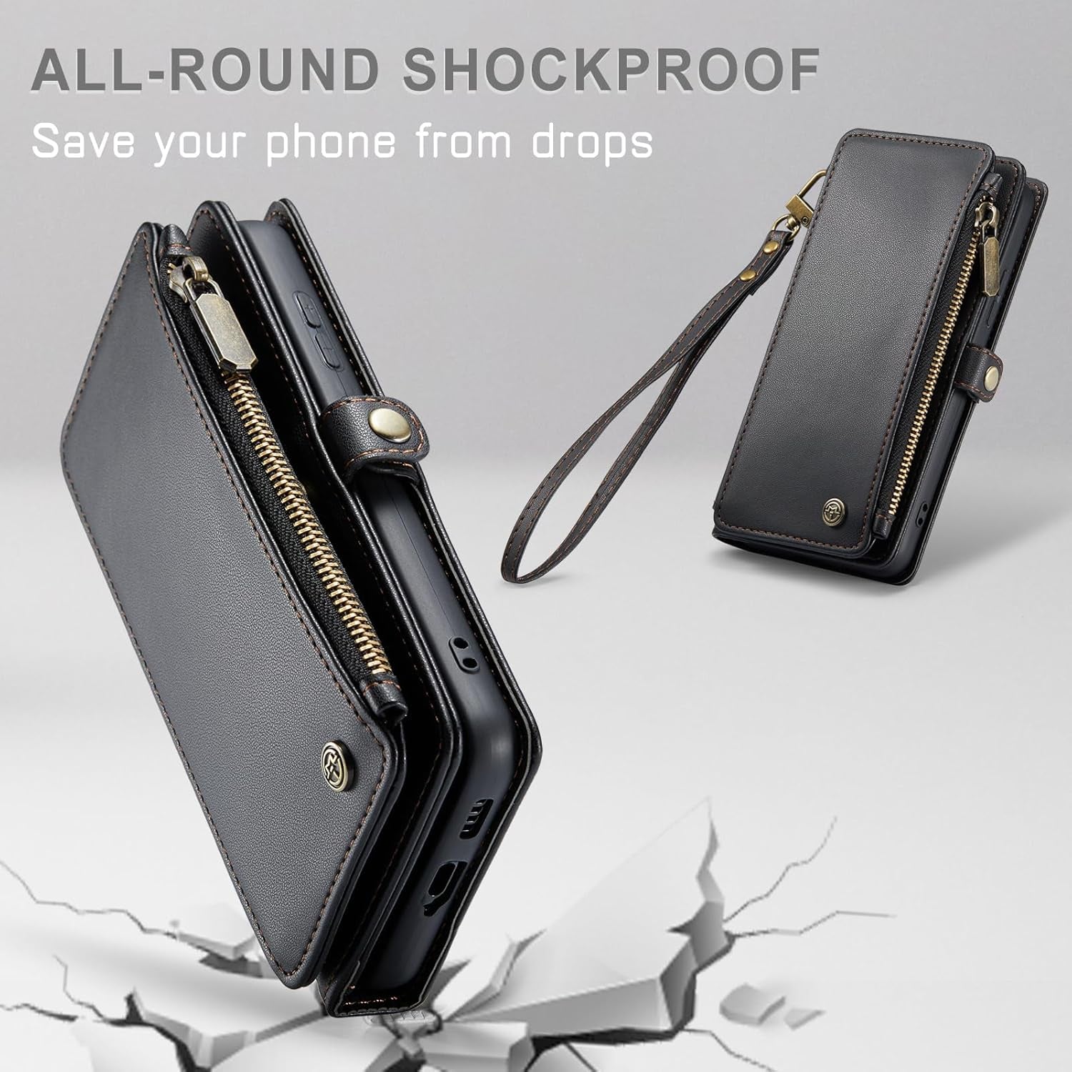 Defencase for Galaxy S22 plus Case, 【RFID Blocking】 for Samsung Galaxy S22 plus Case Wallet for Women Men with Card Holder, Zipper Strap Magnetic Flip PU Leather Phone Case for Samsung S22 Plus, Black