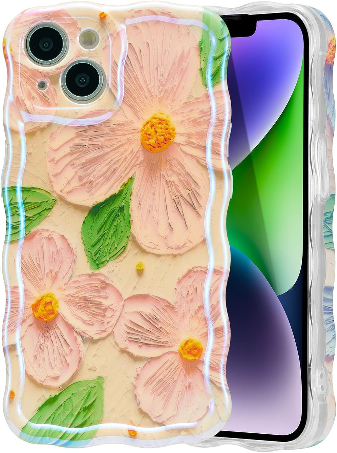 EYZUTAK Case for Iphone 14 Pro, Colorful Retro Oil Painting Flower Leaf Laser Glossy Pattern Cute Curly Wave Edge Exquisite Phone Cover Stylish Durable TPU Protective Case for Girls Women - Blue Green  EYZUTAK   