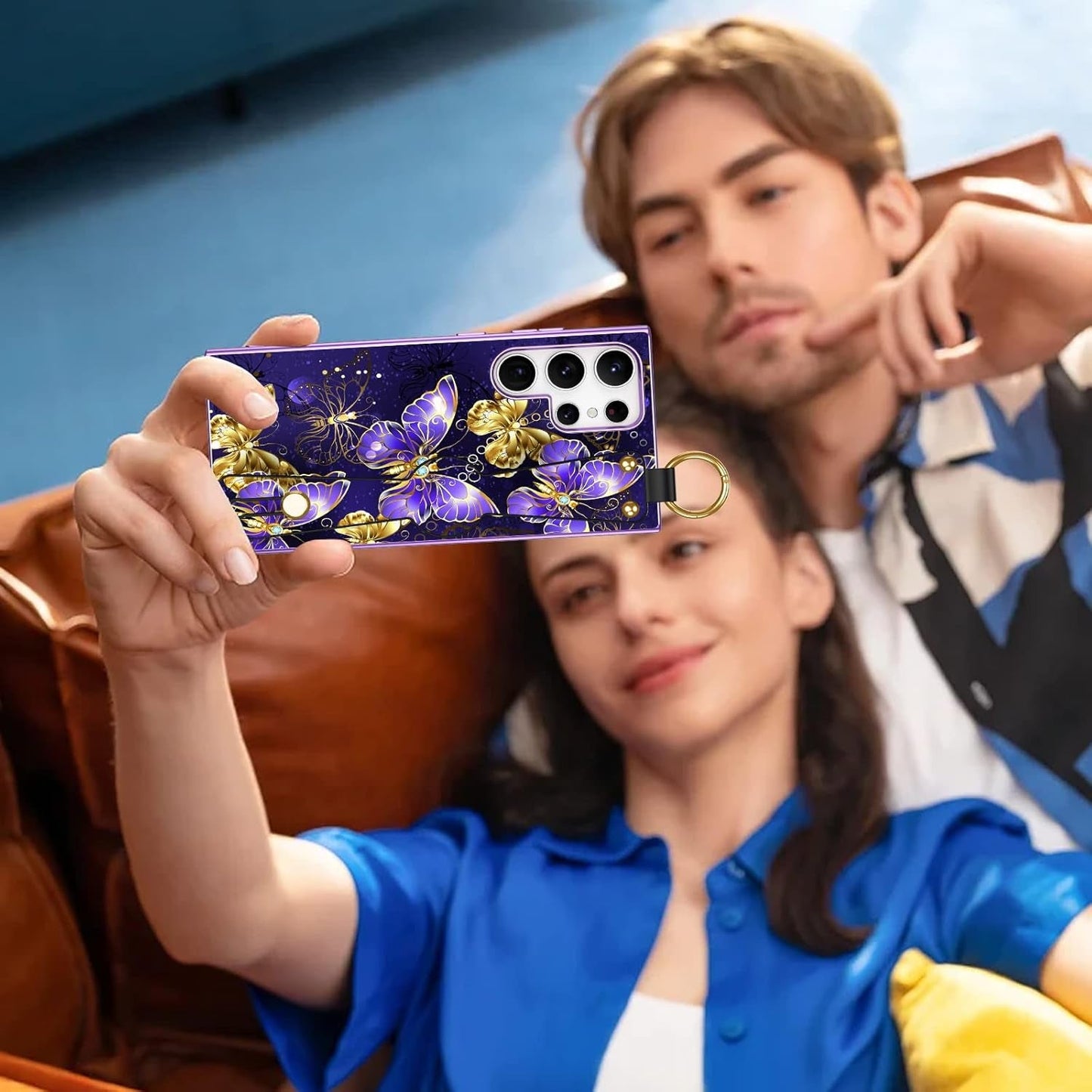 DUEDUE for Samsung Galaxy S22 Ultra Case, Glow in the Dark Butterfly Slim Cover with Hand Strap Hybrid Hard PC anti Slip Shockproof Full Protective Phone Case for Galaxy S22 Ultra 6.8", Purple