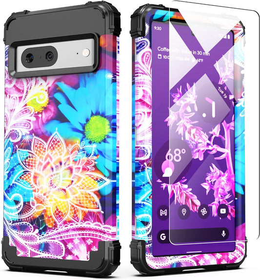 Idweel for Google Pixel 7A Case with Tempered Glass Screen Protector(2023),3 in 1 Shockproof Hybrid Heavy Duty Protection Hard PC Cover Soft Silicone Bumper Full Body Bumper Case,Flower  IDweel   