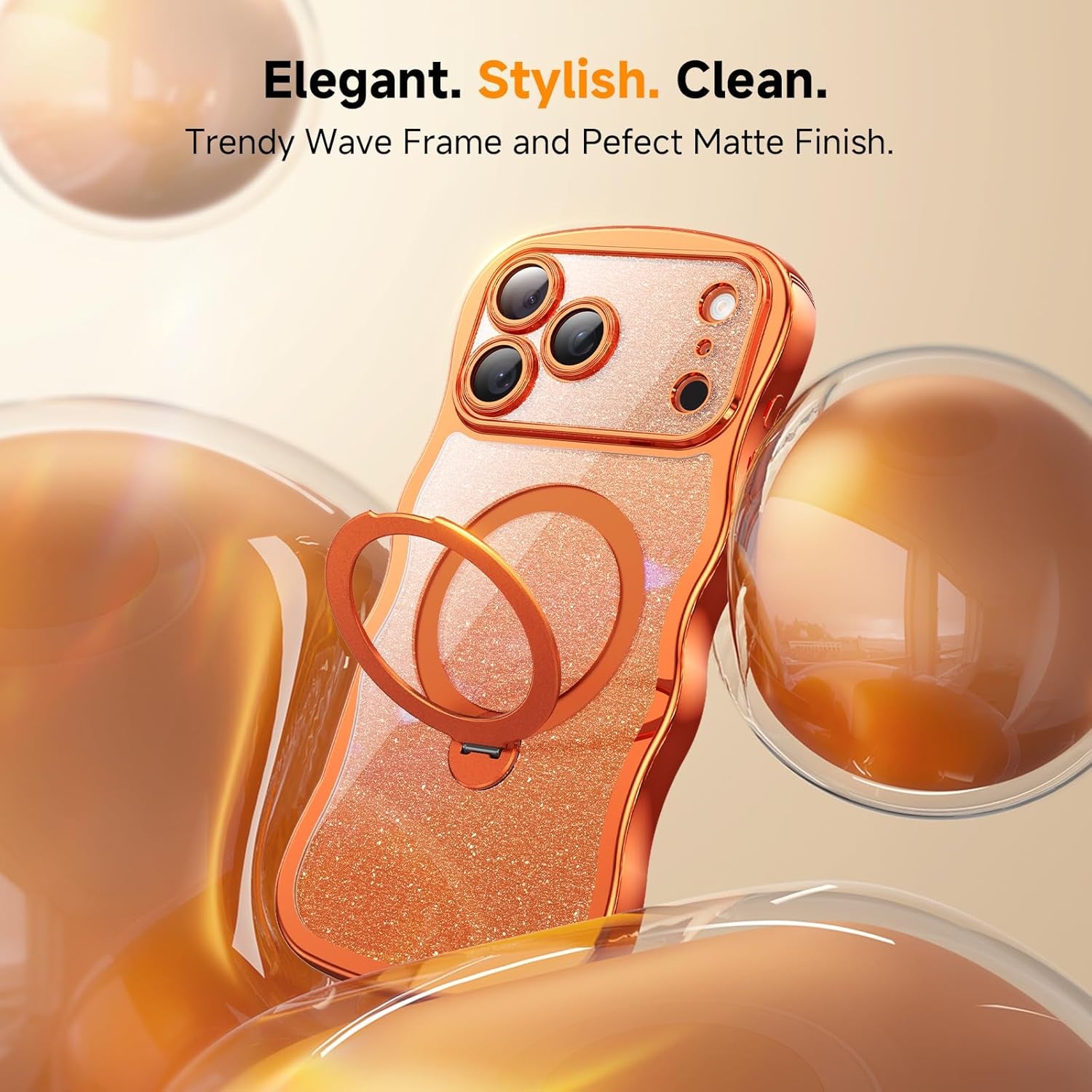 3 in 1 for Iphone 17 Pro Max Case with 360° Spin Magnetic Stand, 1X DIY Glitter Cardstock+1X Screen Protector, [Fit for Magsafe]Cute Wavy Glossy Clear Phone Cover for Women Girls 6.9", Cosmic Orange
