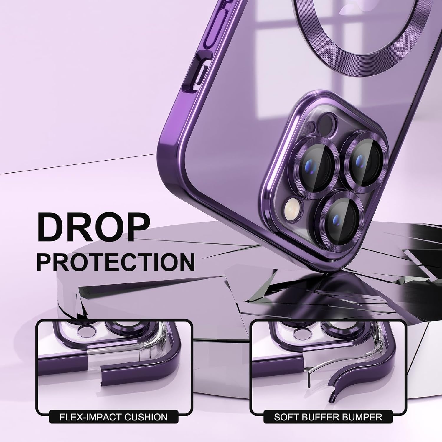 Misea Magnetic Clear Case for Iphone 14 Pro Max Case [Compatible with Magsafe] [Never Yellowing] [Military Grade Drop Protection] Full Camera Lens Protector Luxury Plating Soft Phone Case, Purple  Misea   