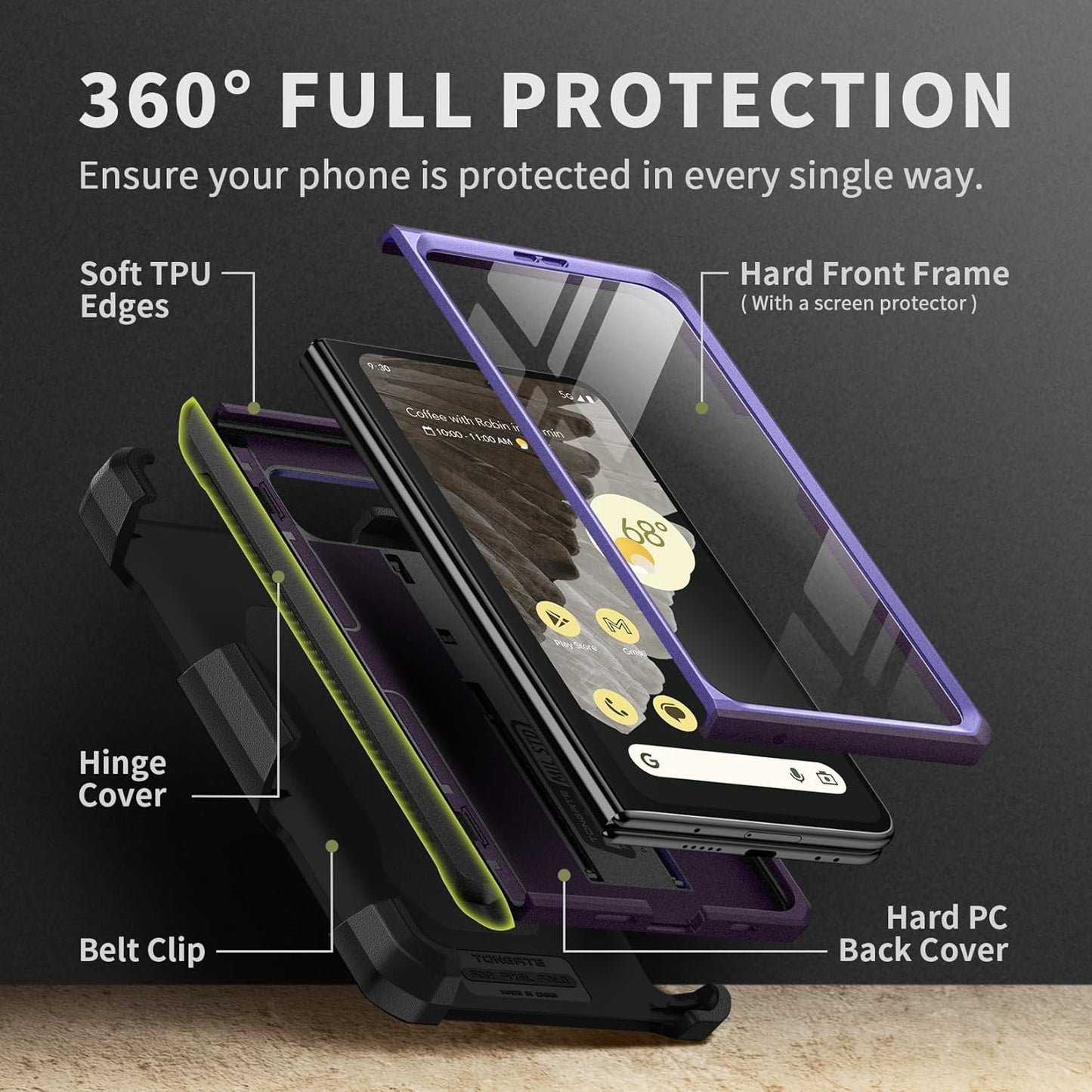 Tongate for Google Pixel Fold Case(2023), [Bulit-In Screen Protector] [Hinge Protection] Military Grade Dual Layer Shockproof Rugged Phone Case with Kickstand & Belt Clip for Pixel Fold 5G, Purple  Tongate   