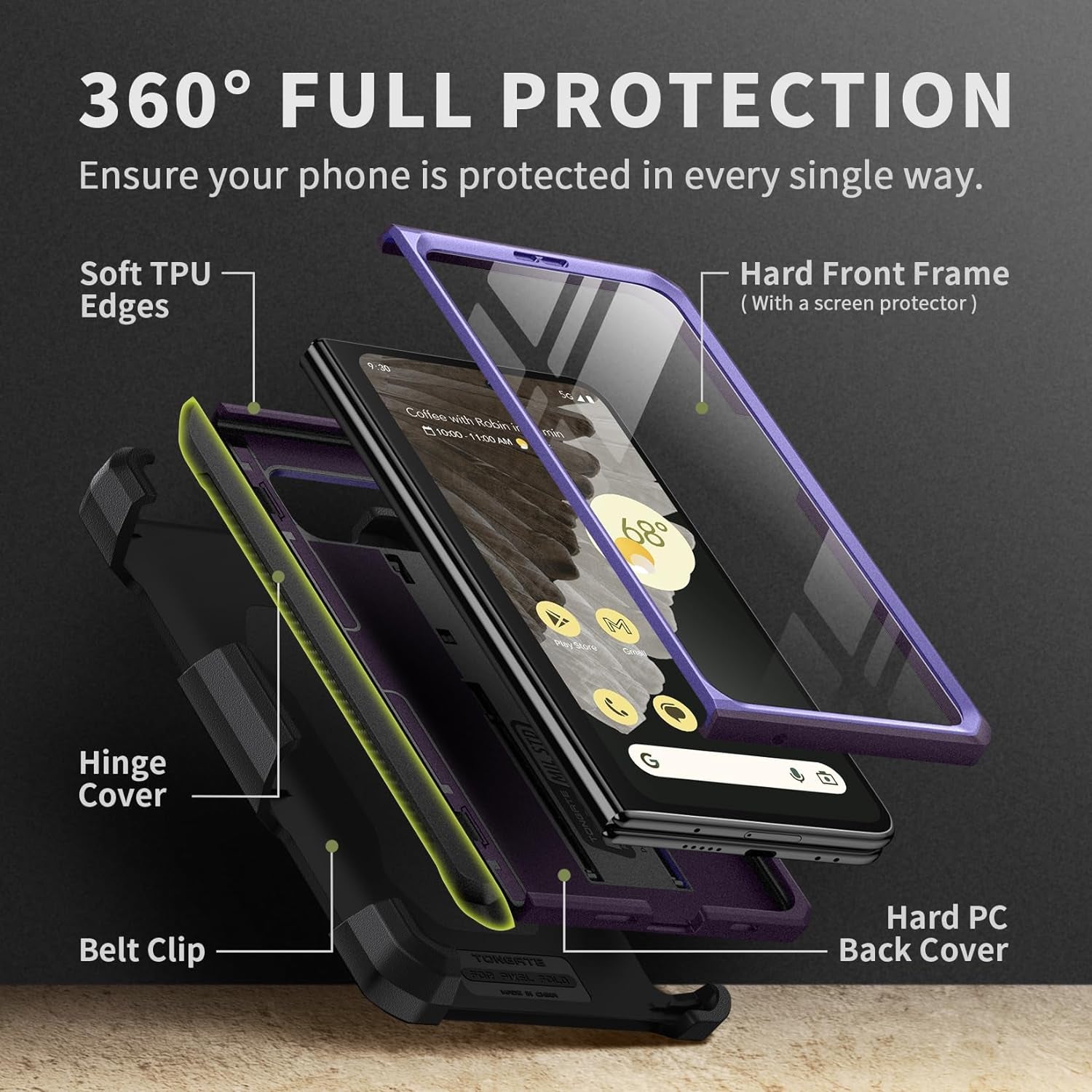 Tongate for Google Pixel Fold Case(2023), [Bulit-In Screen Protector] [Hinge Protection] Military Grade Dual Layer Shockproof Rugged Phone Case with Kickstand & Belt Clip for Pixel Fold 5G, Purple  Tongate   