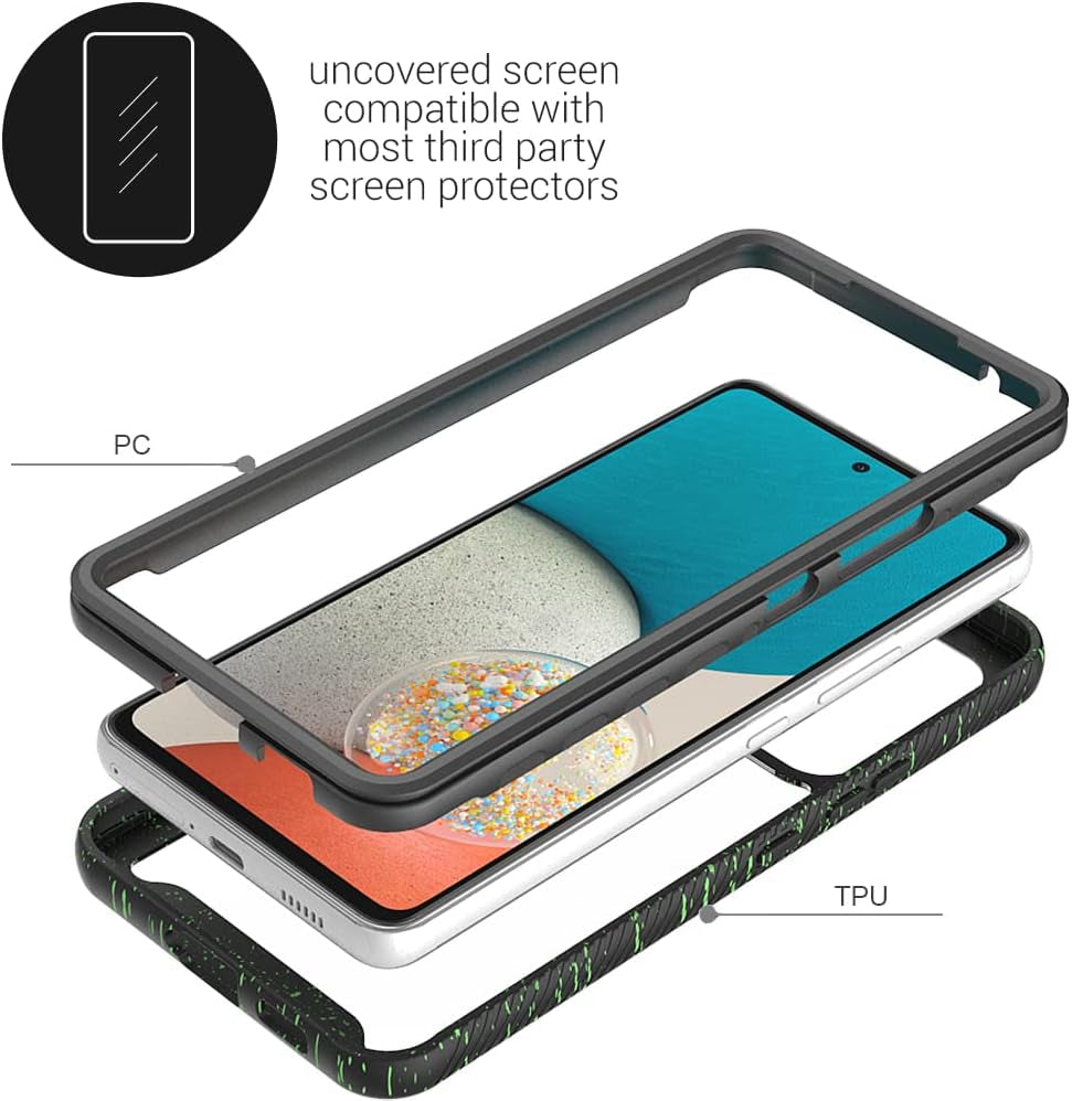 Coveron Full Body Cover Designed for Samsung Galaxy A53 5G Case, Clear Heavy Duty Rugged Anti-Slip Guard - Black (Spotted Green)