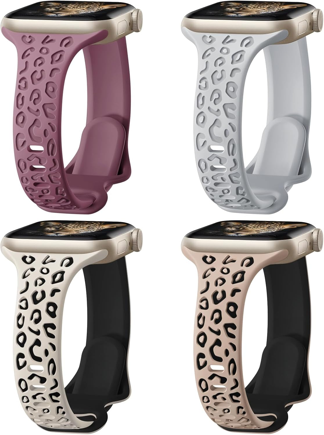 4 Pack Slim Leopard Engraved Bands Compatible for Apple Watch Bands 41Mm 40Mm 38Mm 45Mm 44Mm 42Mm 49Mm Women, Thin Soft Silicone Cheetah Sport Strap for Iwatch Bands Series 9 8 7 6 5 4 3 2 1 Ultra SE