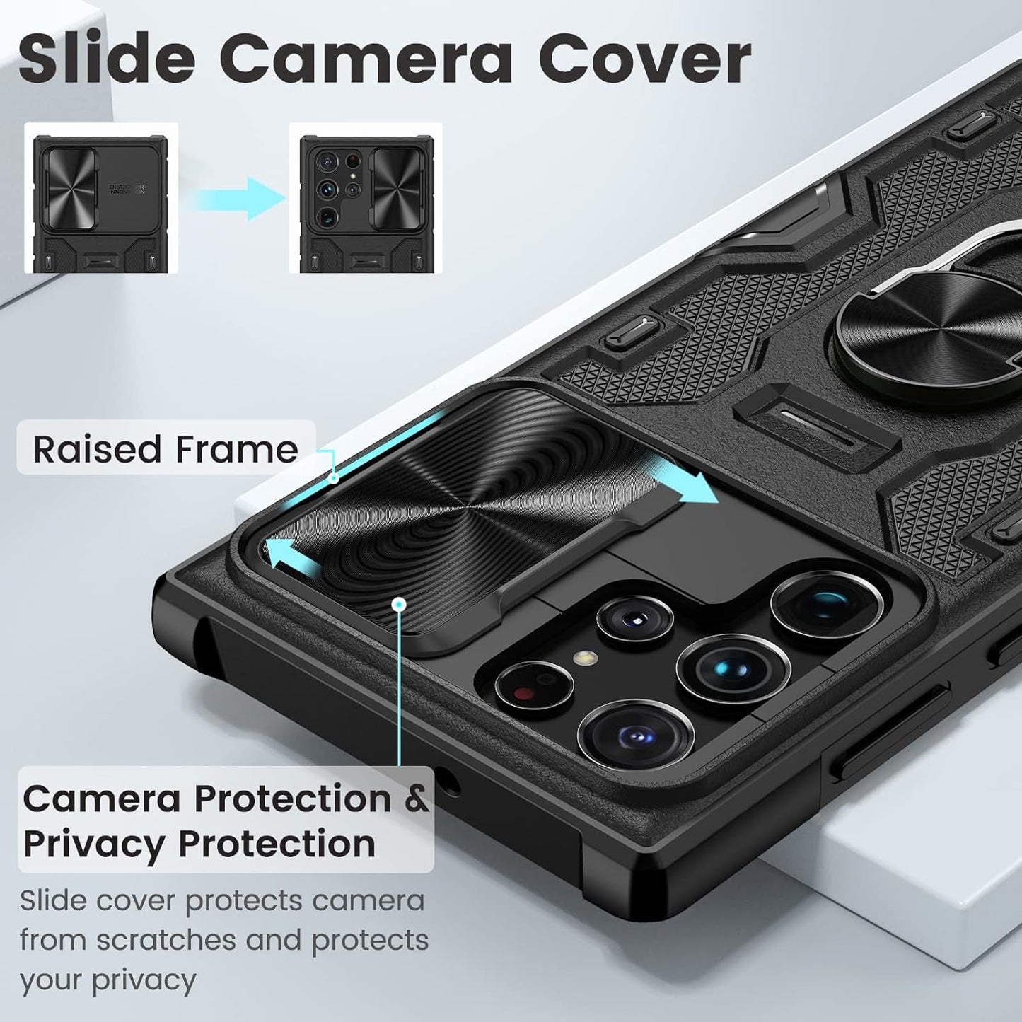 Caka for S22 Ultra Case, Galaxy S22 Ultra Case with Slide Camera Cover & Stand with Built-In 360° Rotate Ring Stand Magnetic Protective Case for Samsung Galaxy S22 Ultra 5G -Black