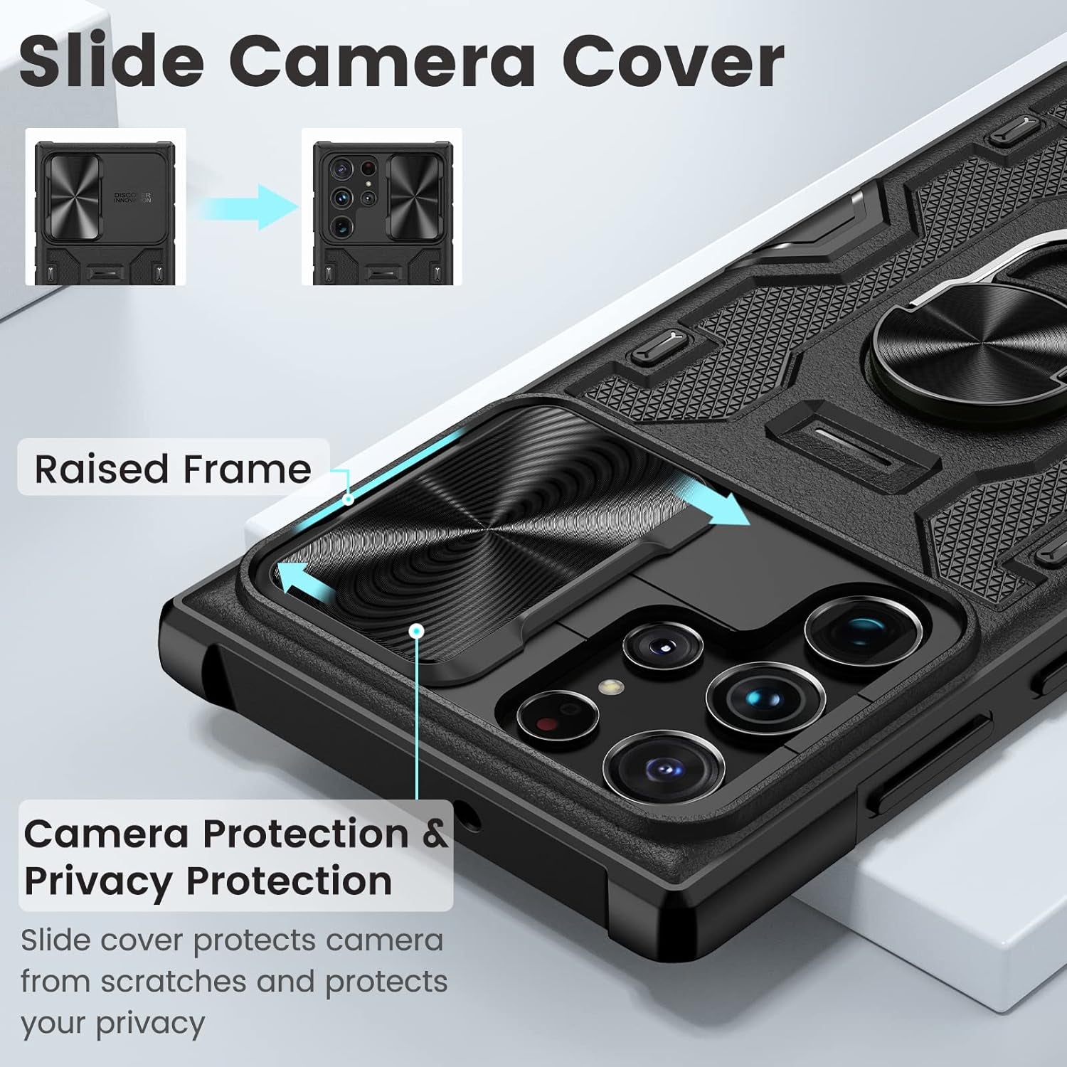 Caka for S22 Ultra Case, Galaxy S22 Ultra Case with Slide Camera Cover & Stand with Built-In 360° Rotate Ring Stand Magnetic Protective Case for Samsung Galaxy S22 Ultra 5G -Black