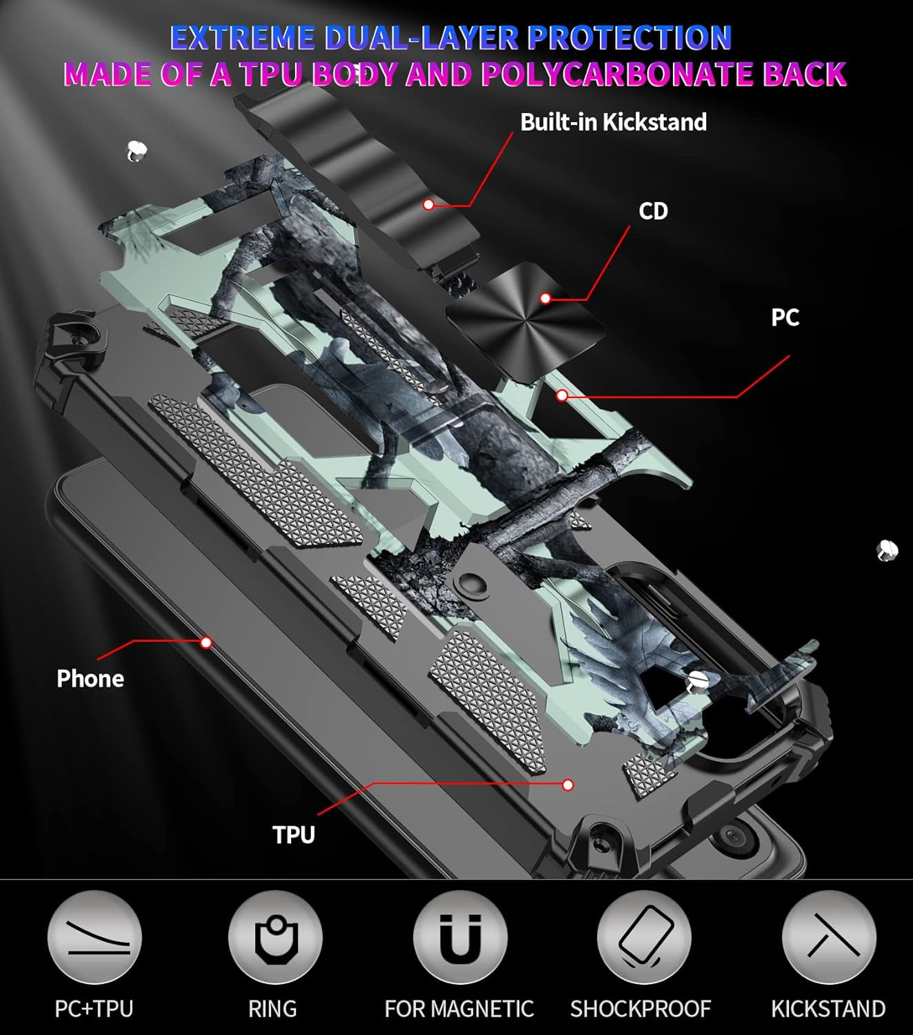 Ccsmall Camouflage Case for Samsung Galaxy A53 5G, Heavy Duty Shockproof Protection Military Grade [Built-In Magnetic Kickstand] Army Camo Phone Cover Case for Samsung Galaxy A53 5G MC Mint Green