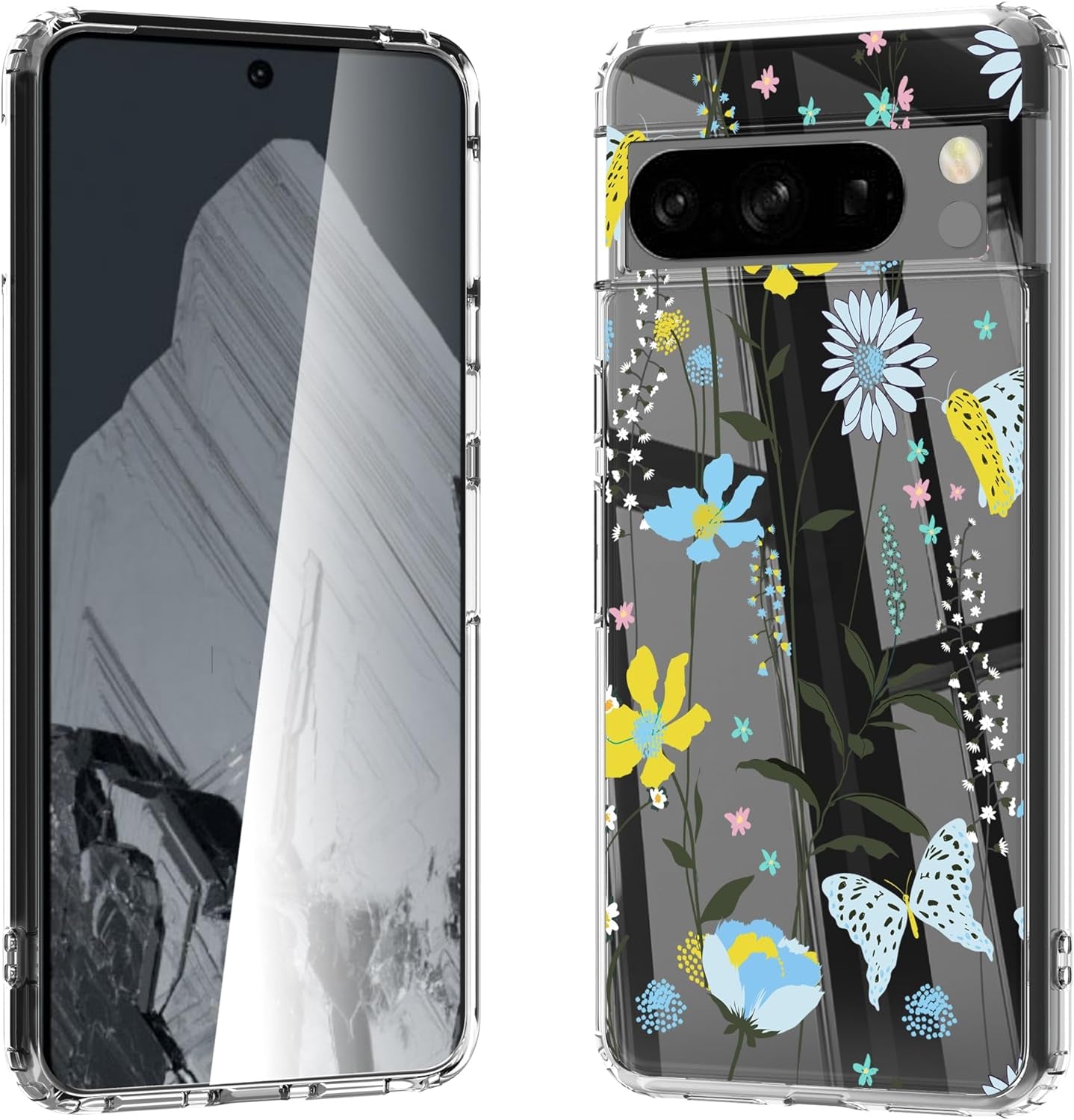For Google Pixel 8 Clear Case with 3D Flower Printing Design, TPU+PC Slim Shock-Proof Protective Floral Cover for Women Girls, 6.2“ (Pic 5)  YIKECASE B-14 Google Pixel 8 Pro 