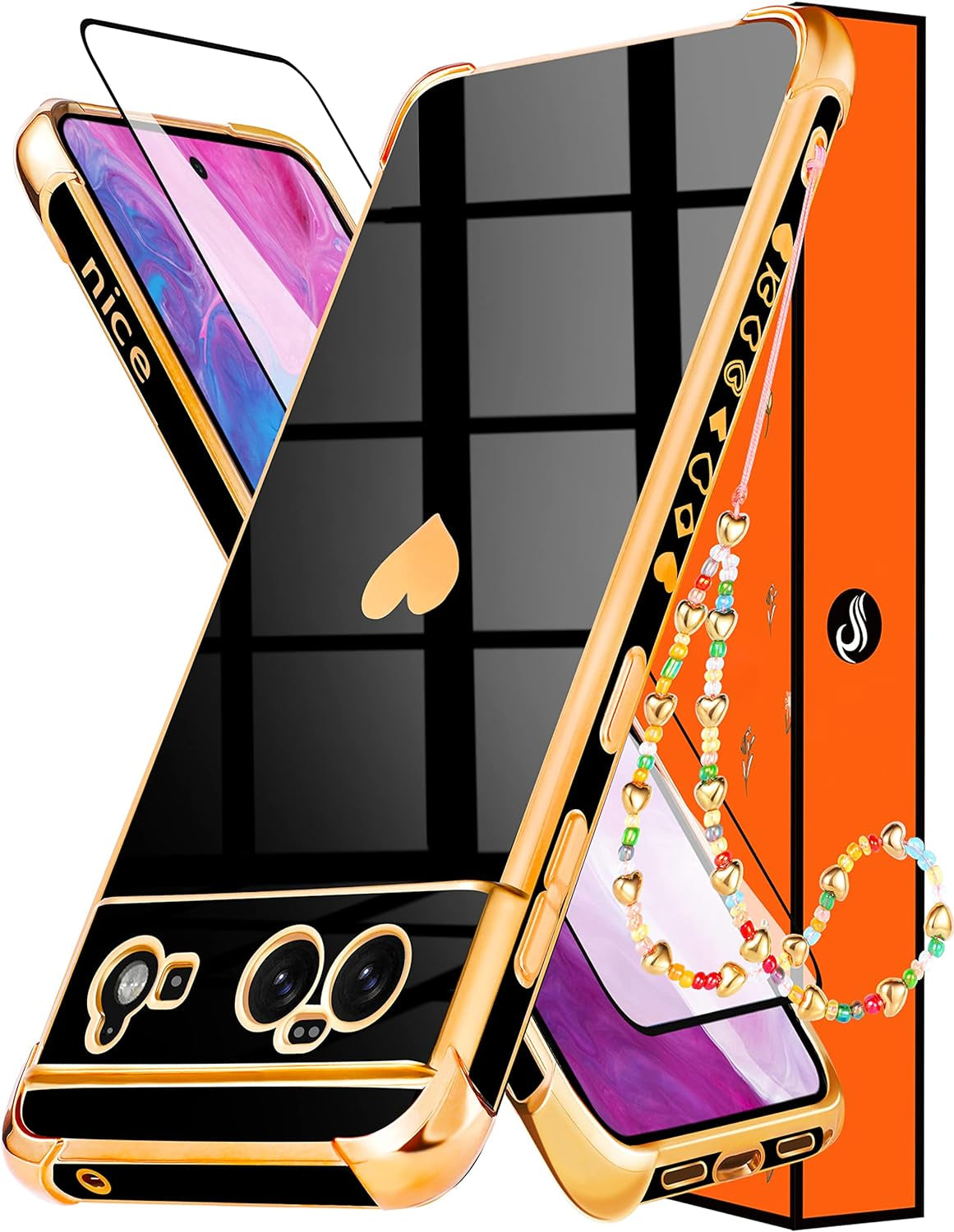 Shorogyt (3In1 Heart Case for Google Pixel 6 Case 5G 6.4 Inch Women Cute Aesthetic Love Hearts Pattern Girls Gold Luxury Girly Design Phone Cases Cover+Screen+Chain for Pixel 6 Case 5G 6.4''  qunxiner Black For Google Pixel 6 