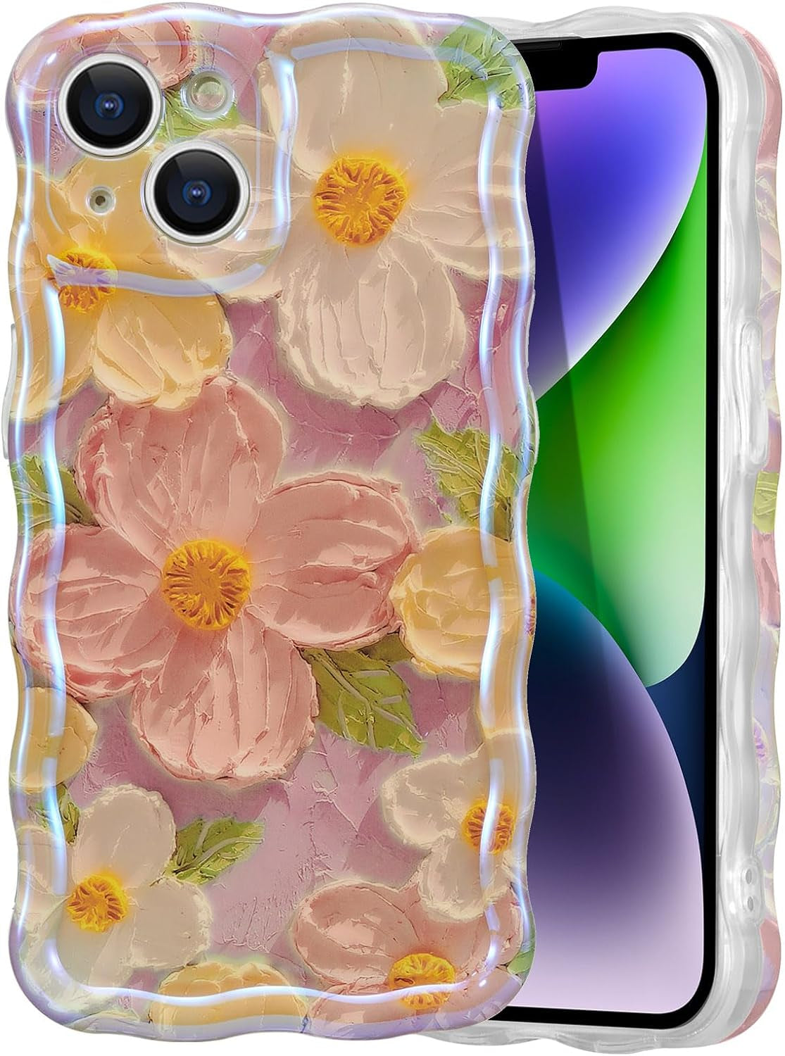 EYZUTAK Case for Iphone 14 Pro, Colorful Retro Oil Painting Flower Leaf Laser Glossy Pattern Cute Curly Wave Edge Exquisite Phone Cover Stylish Durable TPU Protective Case for Girls Women - Blue Green  EYZUTAK   