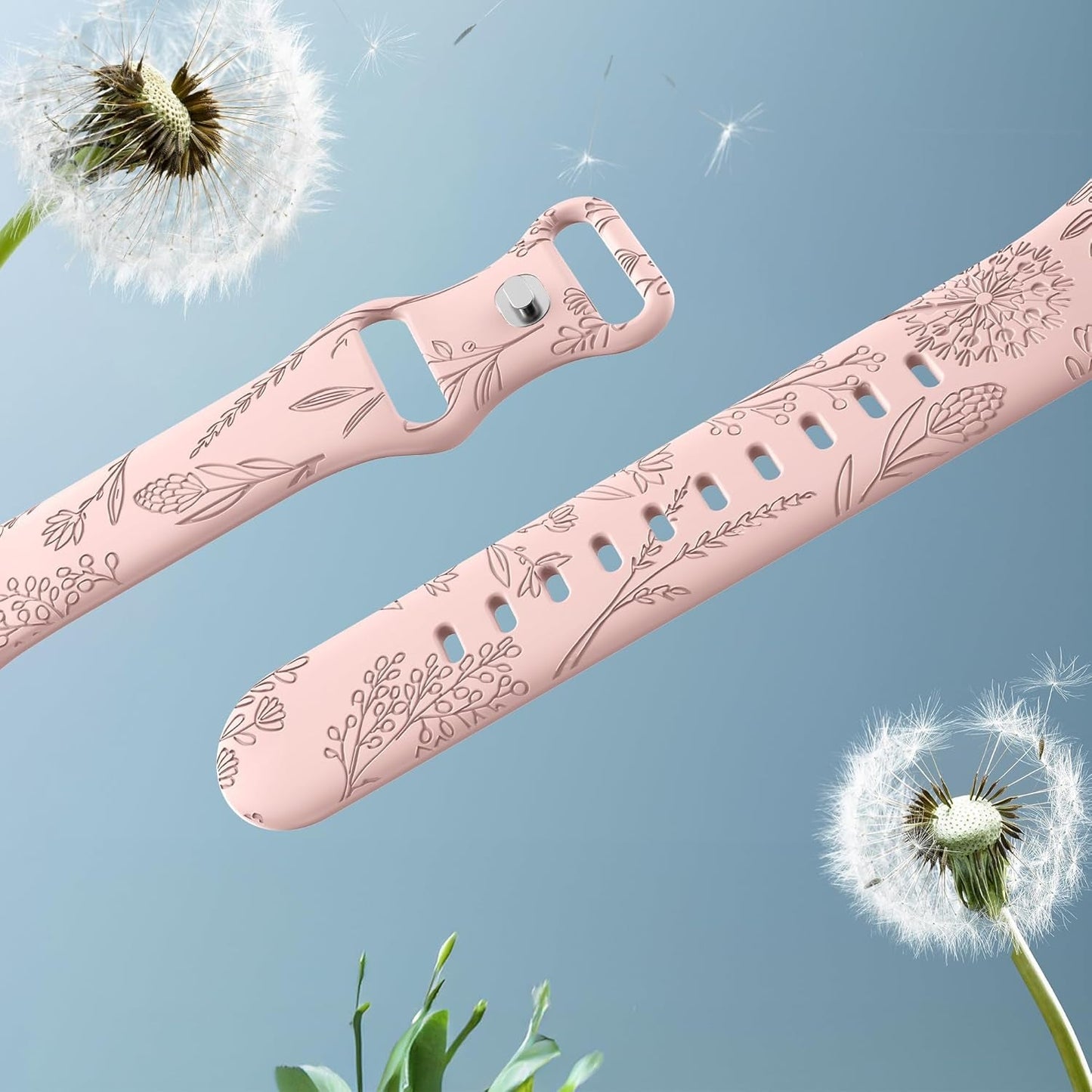 Floral Engraved Bands Compatible with Apple Watch Band for Women 44Mm 40Mm 38Mm 41Mm 45Mm 49Mm 42Mm, Soft Silicone Dandelion Pattern Sport Strap for Iwatch Bands Series Ultra 2 SE 9 8 7 6 5 4 3 2 1