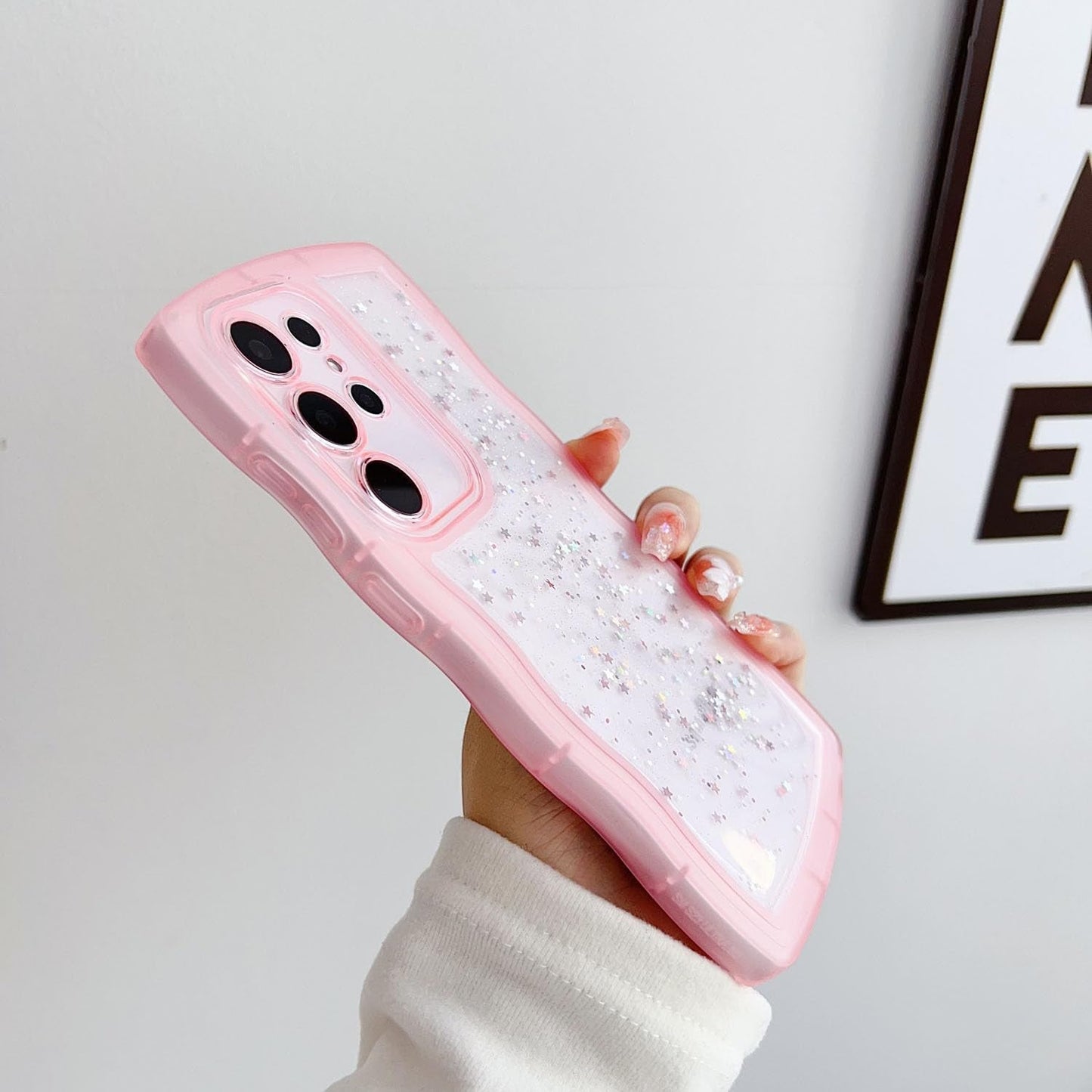 Compatible with Galaxy A53 5G Case for Women Girls Glitter Sparkly Bling Camera Lens Protector Cute Curly Wave Frame Shockproof Protective Cover Phone Case for Samsung Galaxy A53 5G(BLUE)