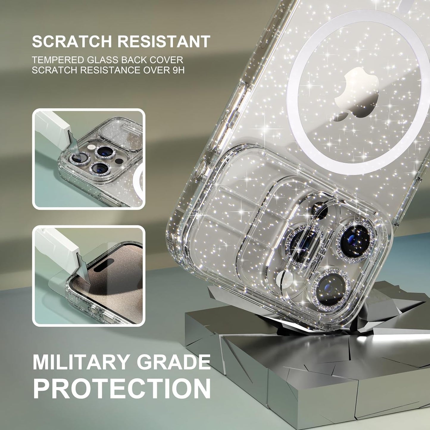 Choiche Magnetic Case for Iphone 15 Pro Case, Women Clear Glitter Sparkly Case, [Slide Camera Cover & 3 Diamond Camera Lens Protectors & 2 Screen Protectors] [Compatible Magsafe] (Glitter Clear)  Choiche   