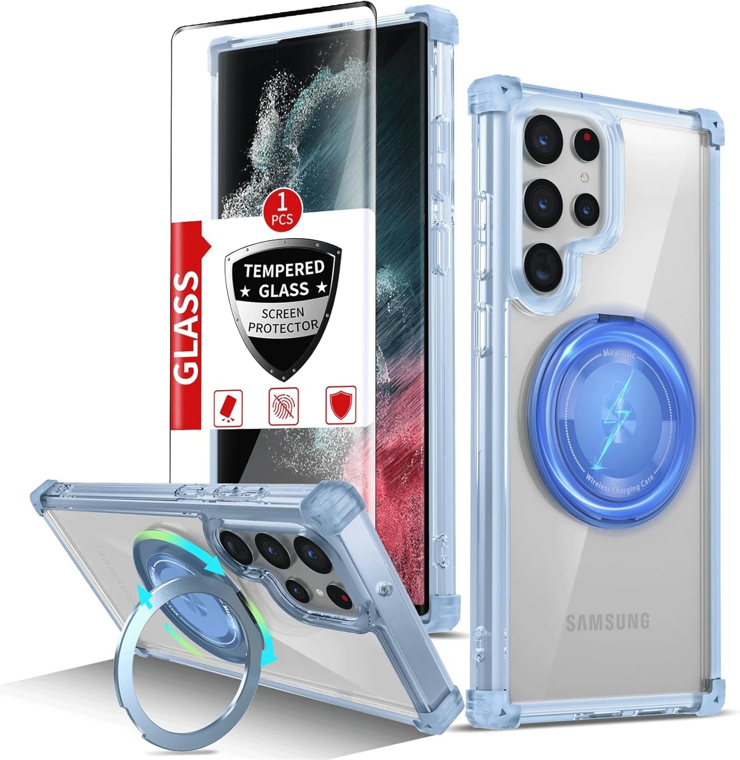 For Samsung Galaxy S22 Ultra Case Magnetic Compatible with Magsafe Galaxy S22Ultra Case with Glass Screen Protector,With Kickstand Military Grade Drop Protection Shockproof S22Ultra Case Clear