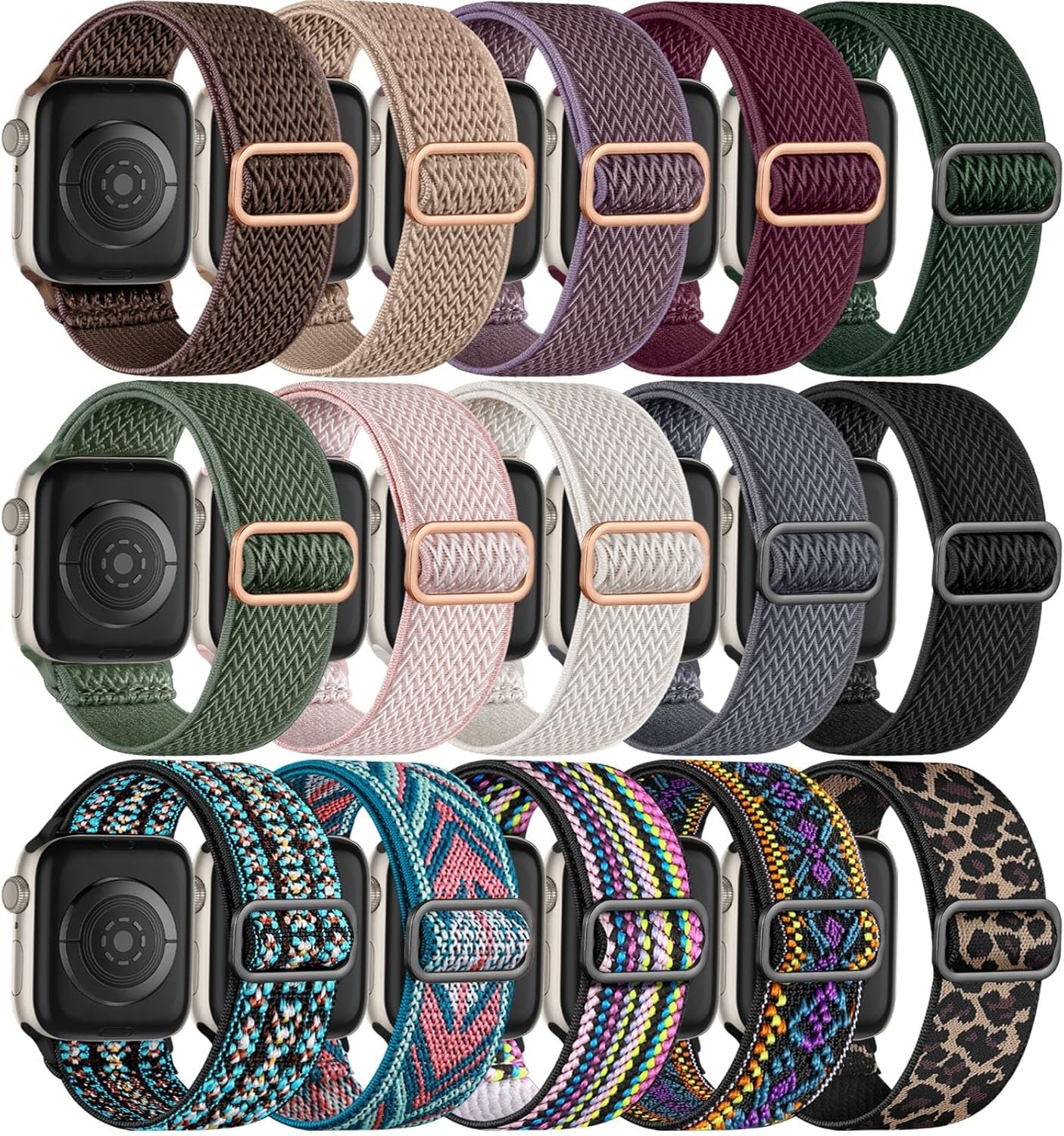 Easuny 15 Pack Stretchy Solo Loop Compatible for Apple Watch Band 38Mm 40Mm 41Mm 42Mm 44Mm 45Mm 49Mm Women Men, Soft Nylon Adjustable Elastic Braided Strap for Iwatch SE Ultra Series 9 8 7 6 5 4 3 2 1
