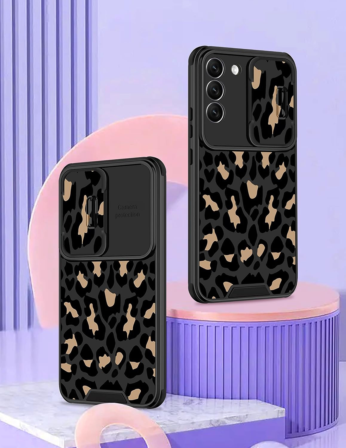 Goocrux for Samsung Galaxy S22 plus Case Leopard for Girls Women Cheetah Print Phone Cover Cute Black Animal Fashion Design with Slide Camera Cover Aesthetic Girly Cases for Galaxy S22 plus 5G 6.6''