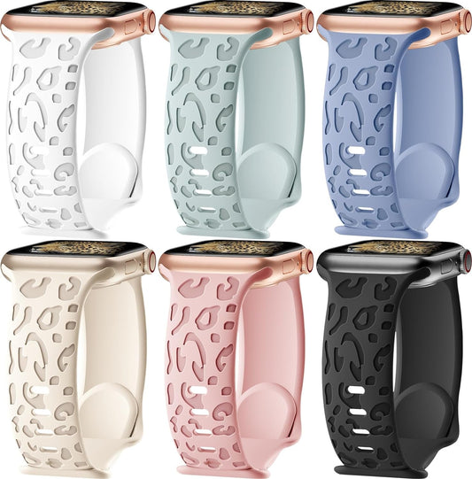 HEARTBOOM 6 Pack Leopard Engraved Bands Compatible with Apple Watch 40Mm 44Mm 38Mm 45Mm 49Mm 42Mm Women Men,Cheetah Sport Silicone Strap Wristbands for Iwatch Series 9 8 7 6 5 4 3 Ultra SE
