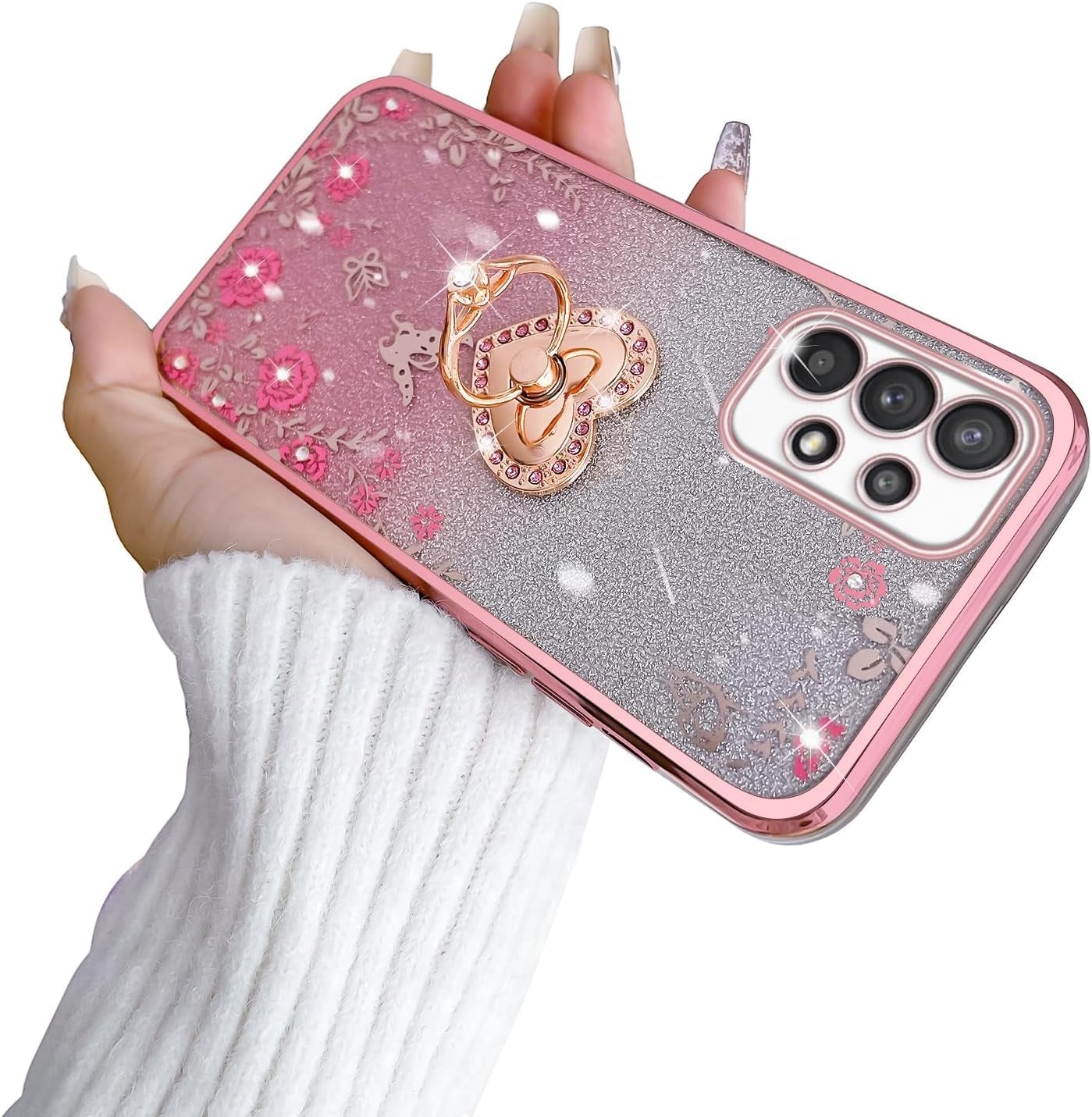 For Samsung Galaxy A53 Case, A53 5G Case Soft Tpu Luxury Plating Cute Bling Clear for Women Magnetic Shockproof with Ring Kickstand [Glitter Card & Wrist Strap] Protection Cover for A53 (Glitter Pink)