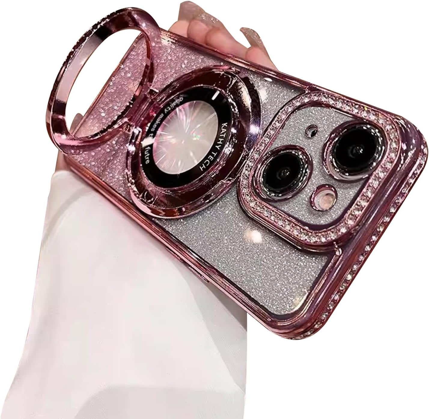 Fycyko Magnetic Case for Iphone 15 Pro Max with Holder Stand,Rhinestone Glitter Plated Bling Luxury Phone Case（Compatible with Magsafe） Shockproof Kickstand Design for Iphone 15 Pro Max-Pink  Fycyko Rose Pink Iphone 15 Plus 