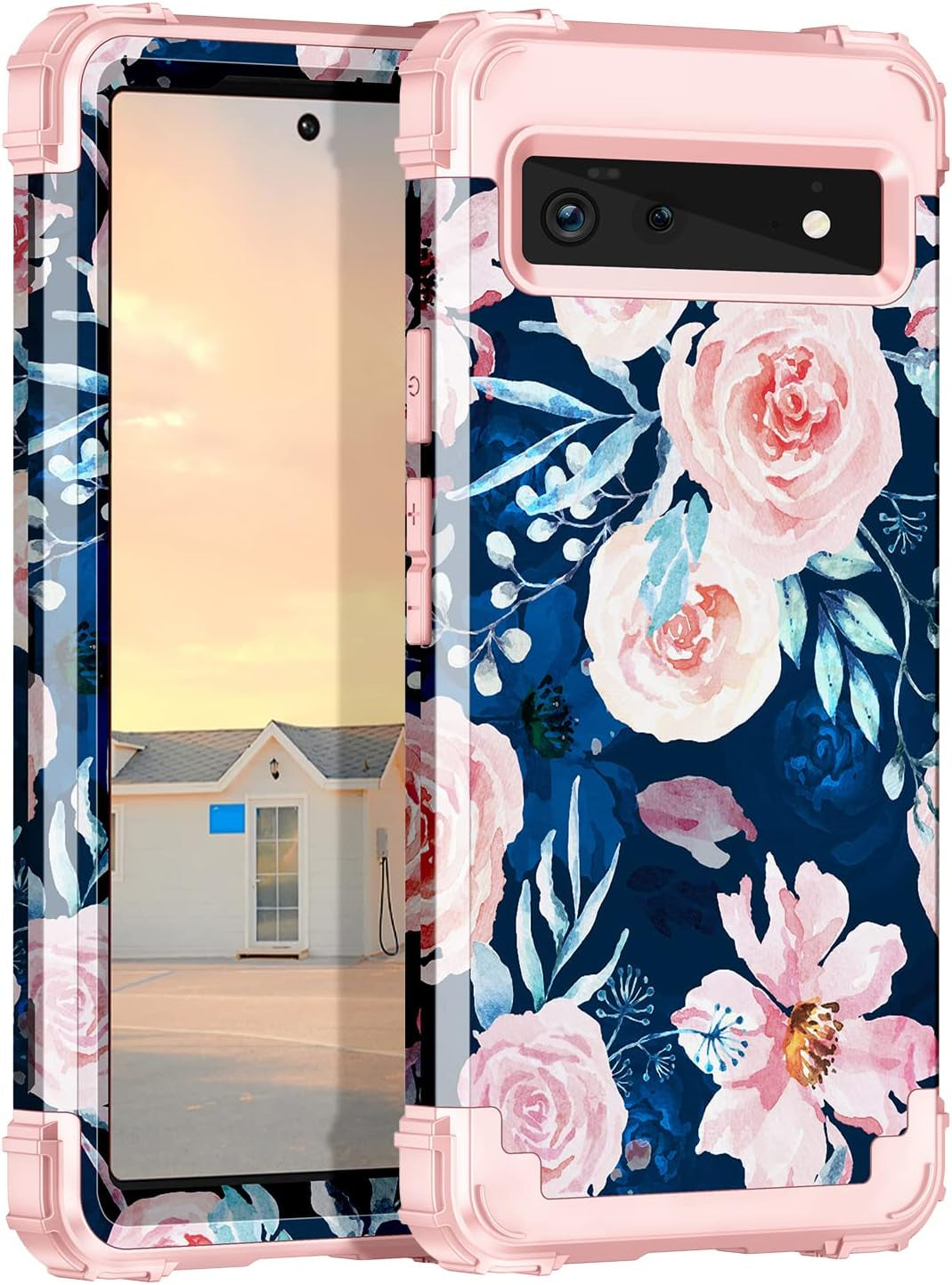 Hekodonk for Google Pixel 6 Case,Heavy Duty Shockproof Protection Hard Plastic+Silicone Rubber Hybrid 3 in 1 Drop Protective Case for Google Pixel 6 Black Flower  Hekodonk A-Navy Blue  