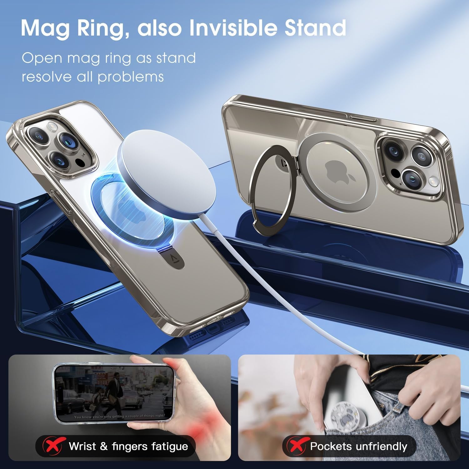 Alphex Invisible Stand Magnetic for Iphone 15 Pro Max Case, Compatible with Magsafe, Official Match for Iphone, 12FT Military Grade Shockproof Phone Cover 6.7 Inch, Natural Titanium, Gray  Alphex   