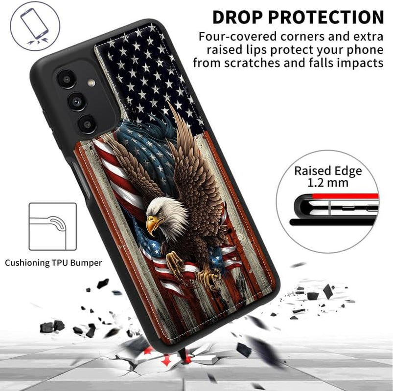 Case for Samsung Galaxy A14 5G Wallet Phone Case with Card Holder,Pu Leather Kickstand Card Slot Cover for Women Men (Dual Magnetic Clasp+Rfid Blocking)-Bald Eagle with Flag