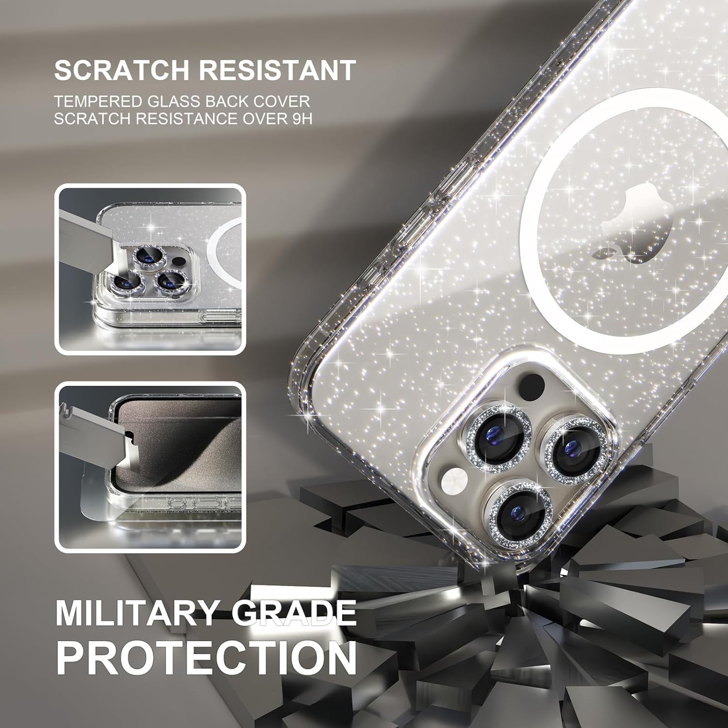 Choiche for Iphone 15 Pro Case Magnetic, Women Clear Glitter Bling Sparkly Case, [3Xdiamond Camera Lens Protectors] [2Xtempered Glass Screen Protectors] [Compatible Magsafe] (Glitter Clear)  Choiche   